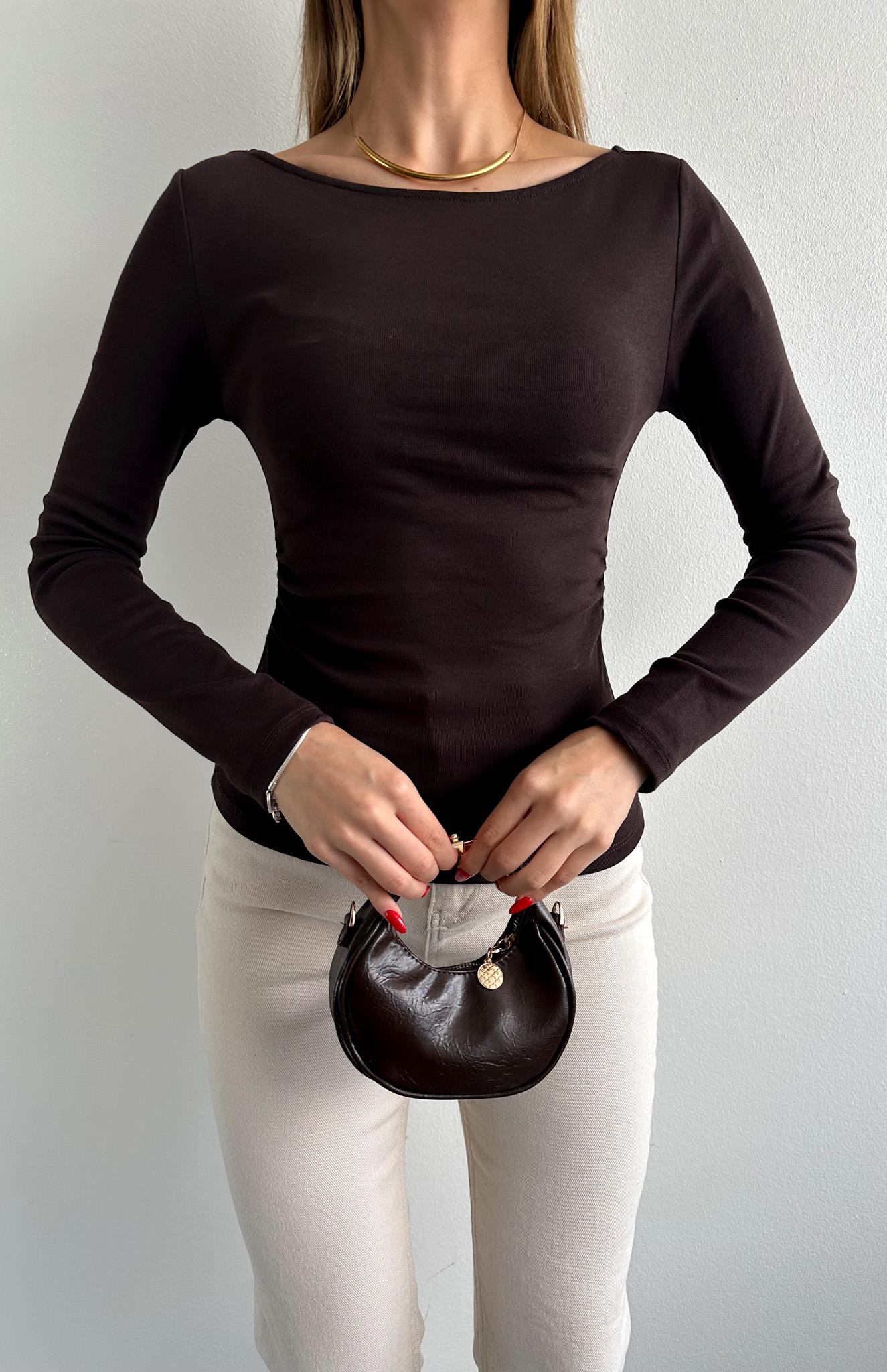 Büzgülü Kayık Yaka Bluz KOYU KAHVE