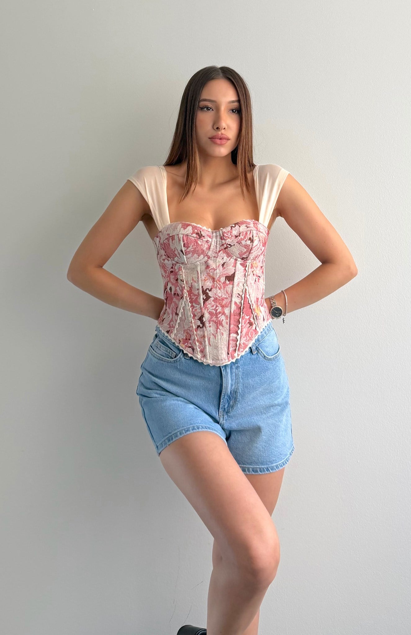 Desenli Korse Bluz PEMBE