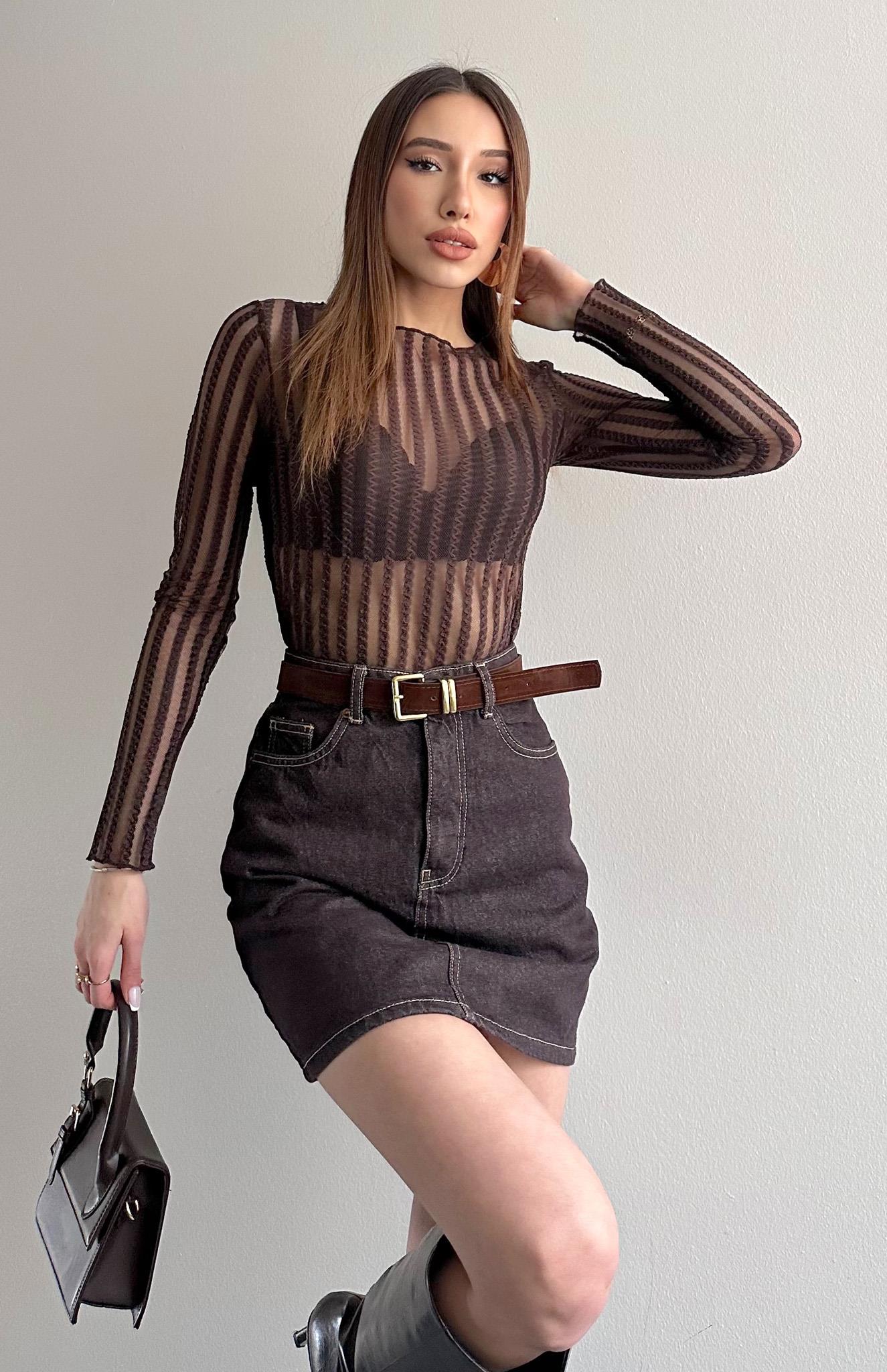 Dik Yaka Tül Bluz KAHVERENGİ