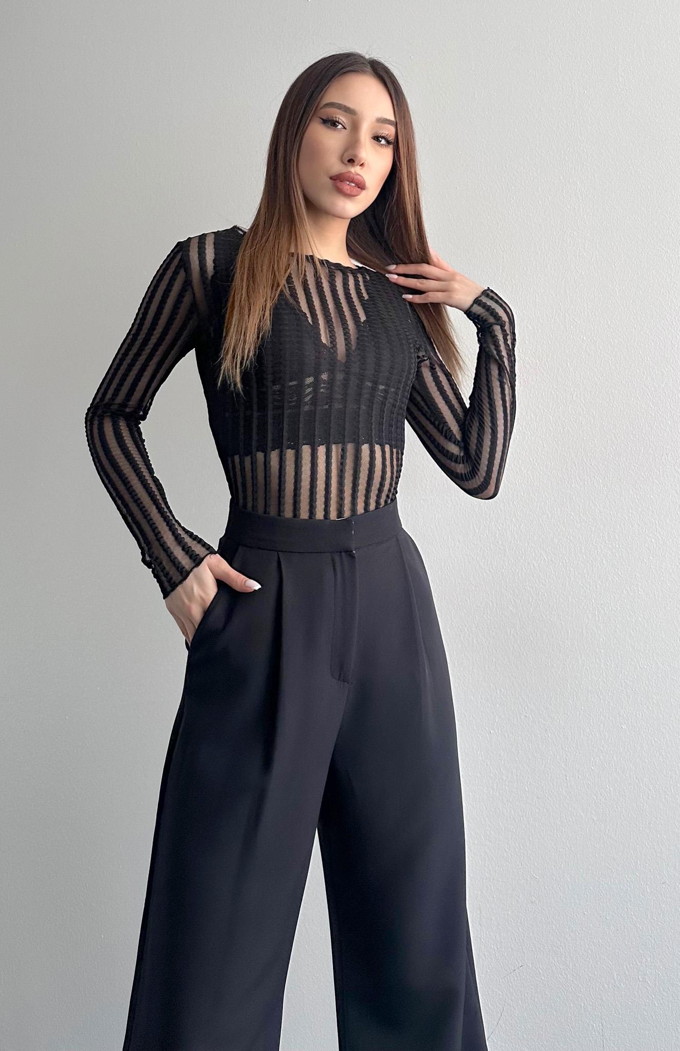 Dik Yaka Tül Bluz SİYAH