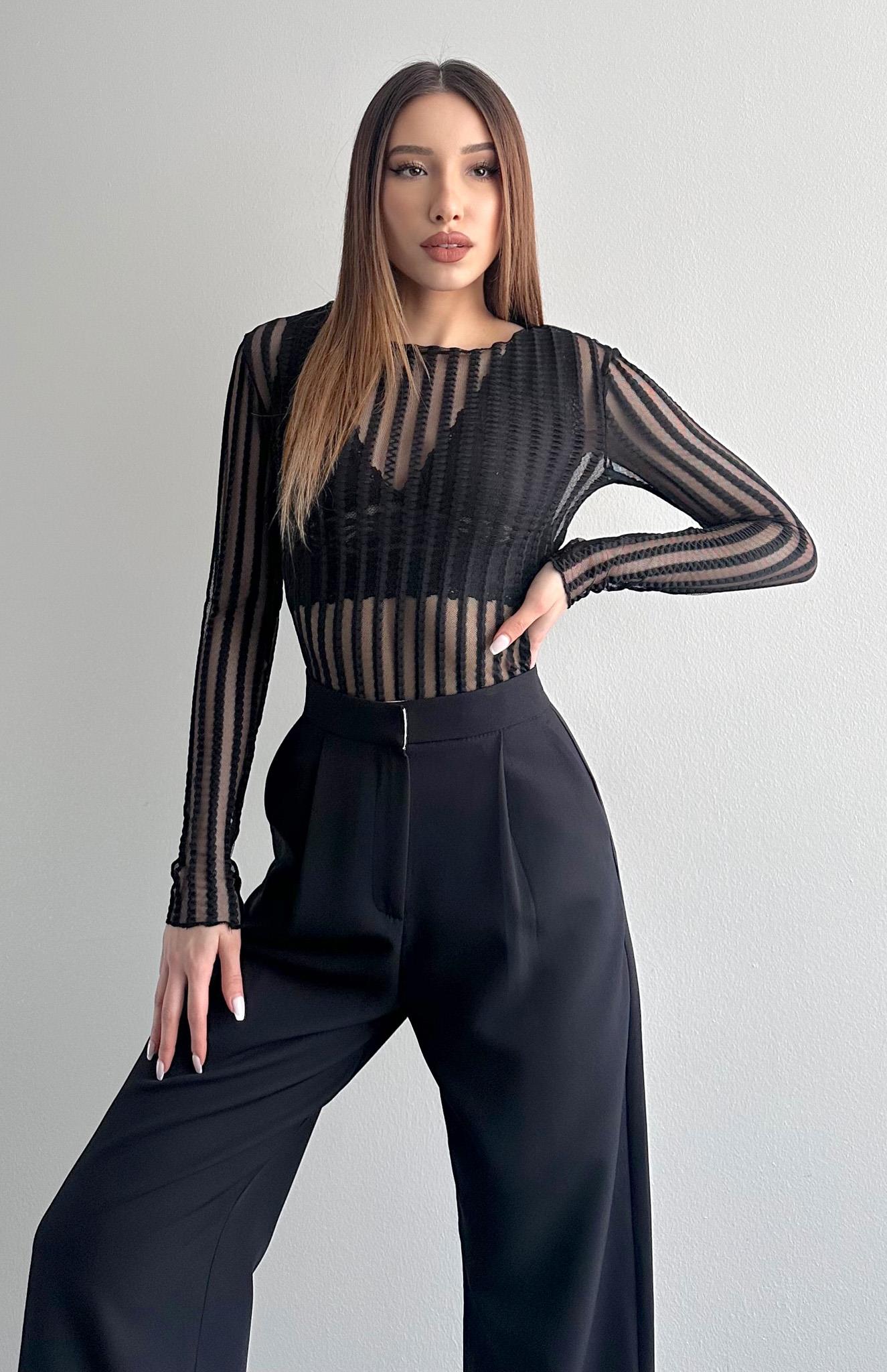 Dik Yaka Tül Bluz SİYAH