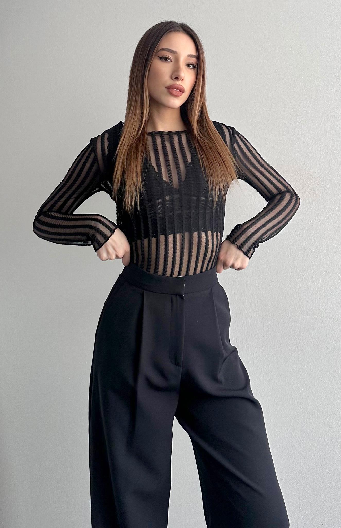 Dik Yaka Tül Bluz SİYAH