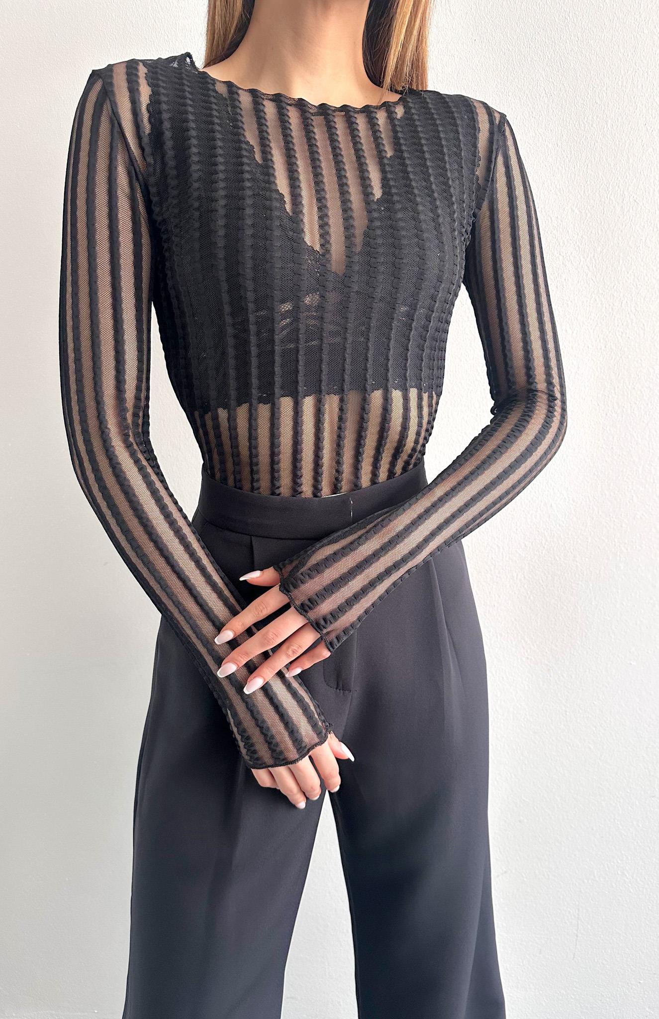 Dik Yaka Tül Bluz SİYAH