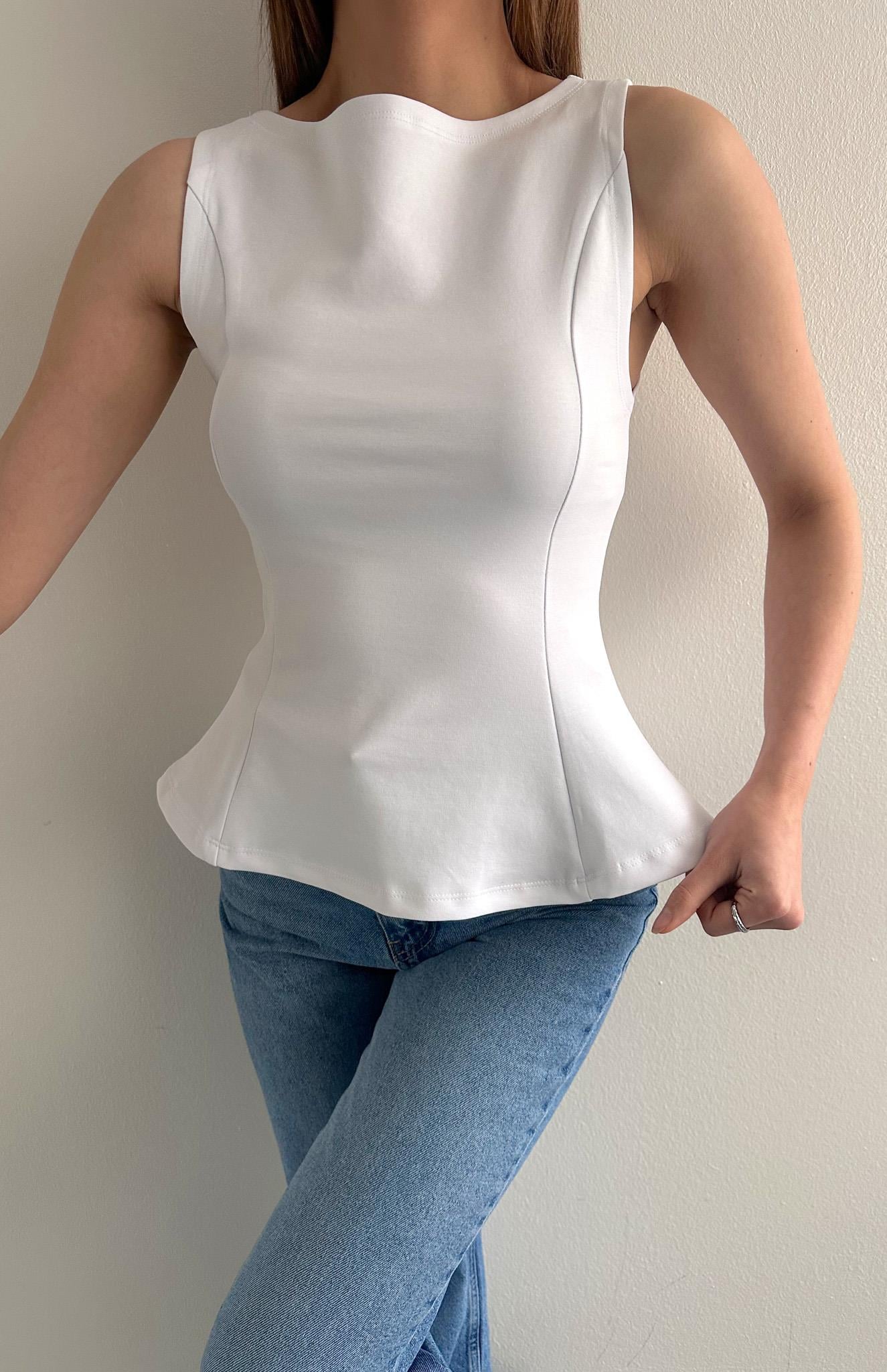 Kayık Yaka Peplum Bluz BEYAZ
