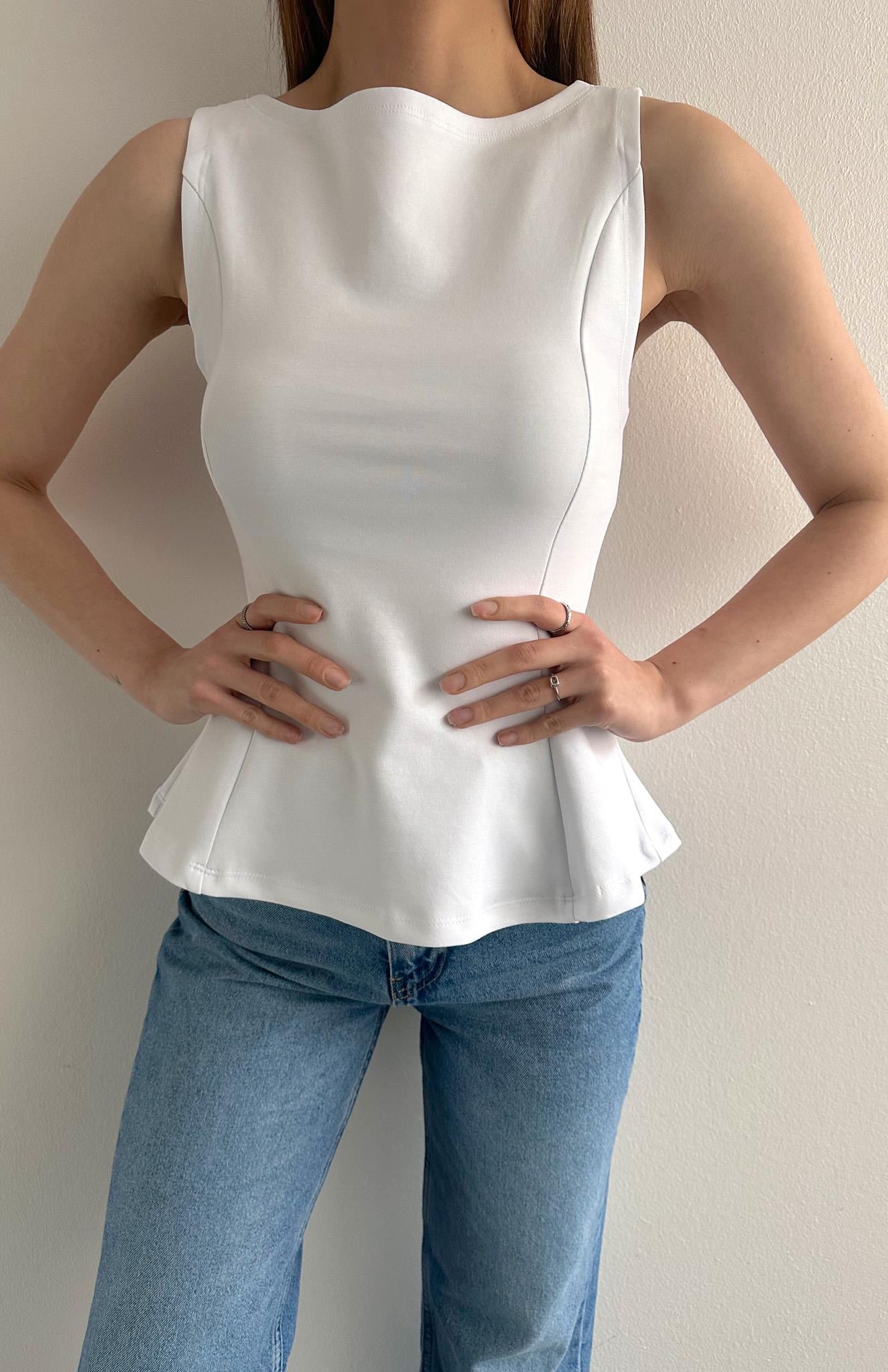 Kayık Yaka Peplum Bluz BEYAZ