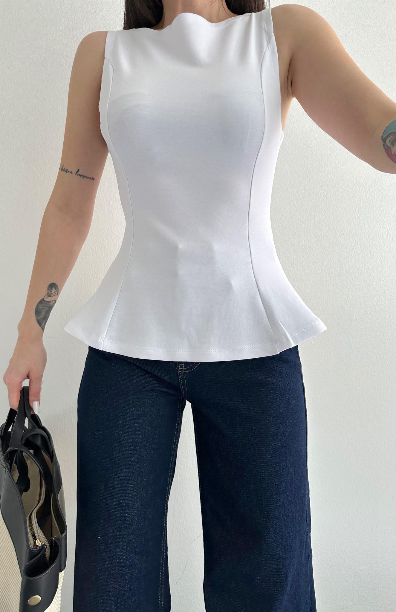 Kayık Yaka Peplum Bluz BEYAZ