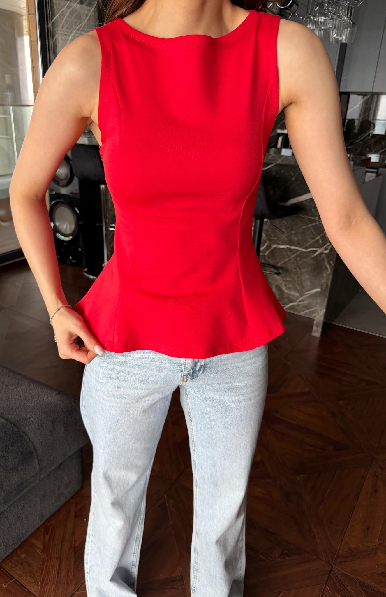 Kayık Yaka Peplum Bluz KIRMIZI