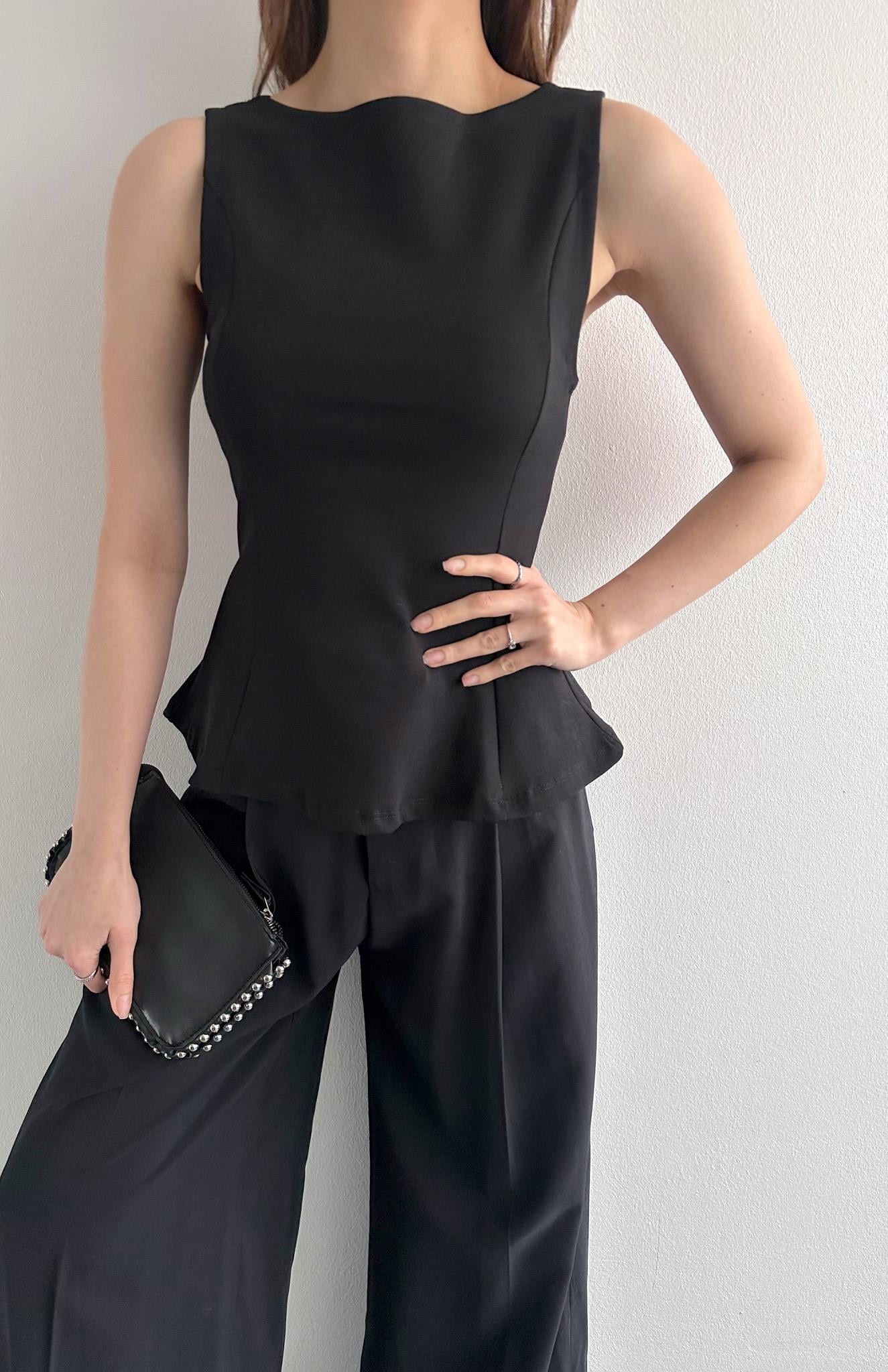 Kayık Yaka Peplum Bluz SİYAH
