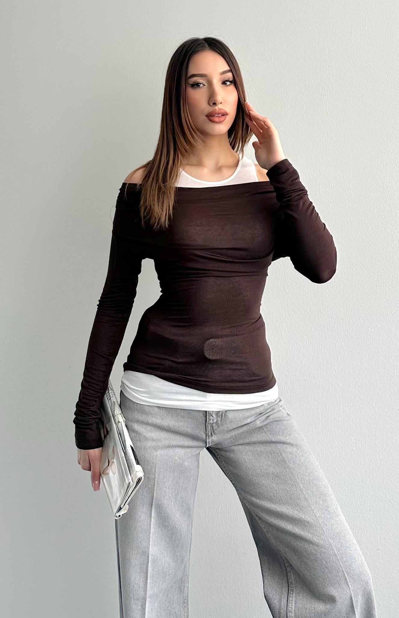 Transparan Atlet Garnili Bluz KAHVERENGİ