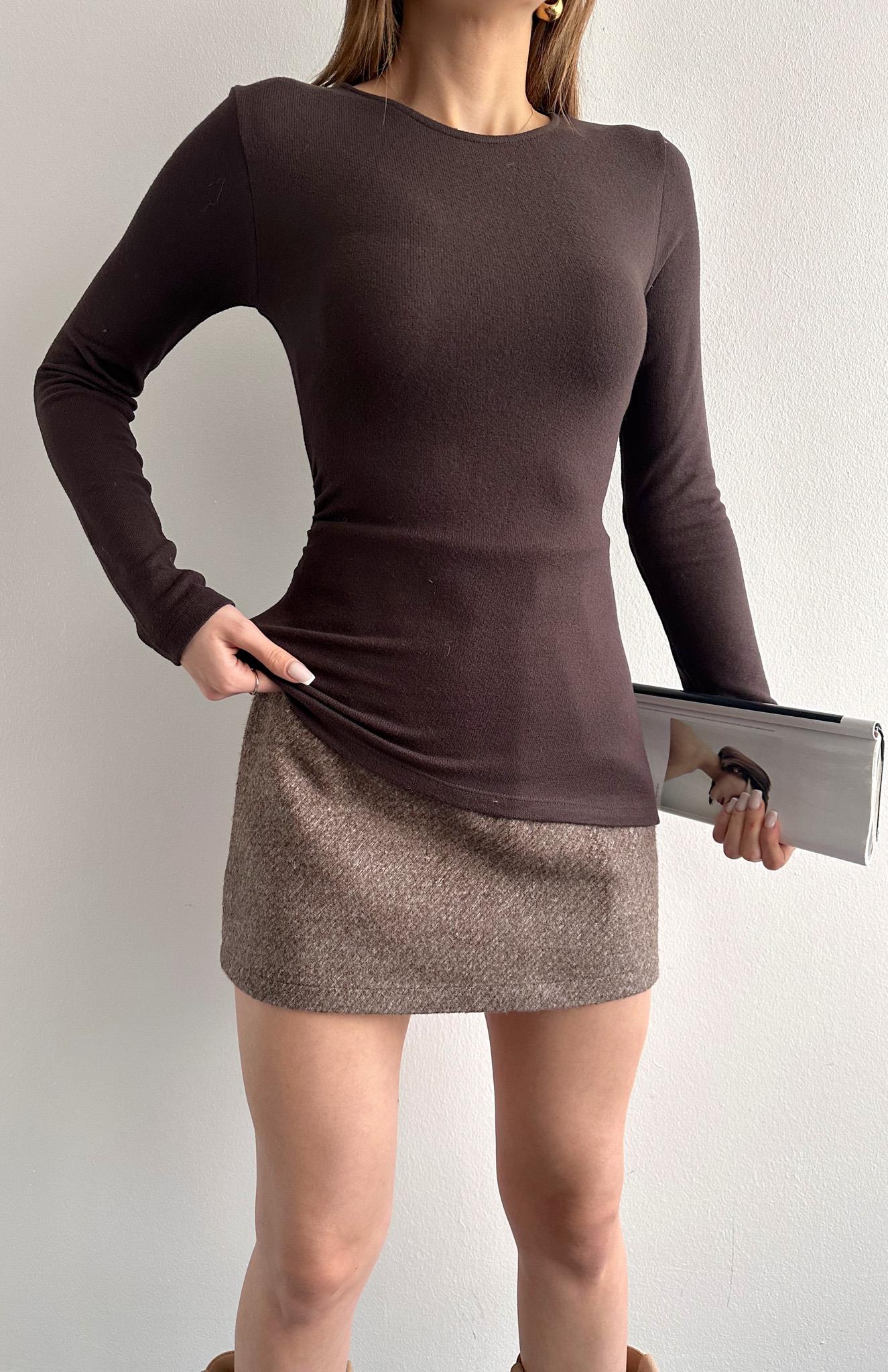 Uzun Kollu Büzgülü Bluz KOYU KAHVE