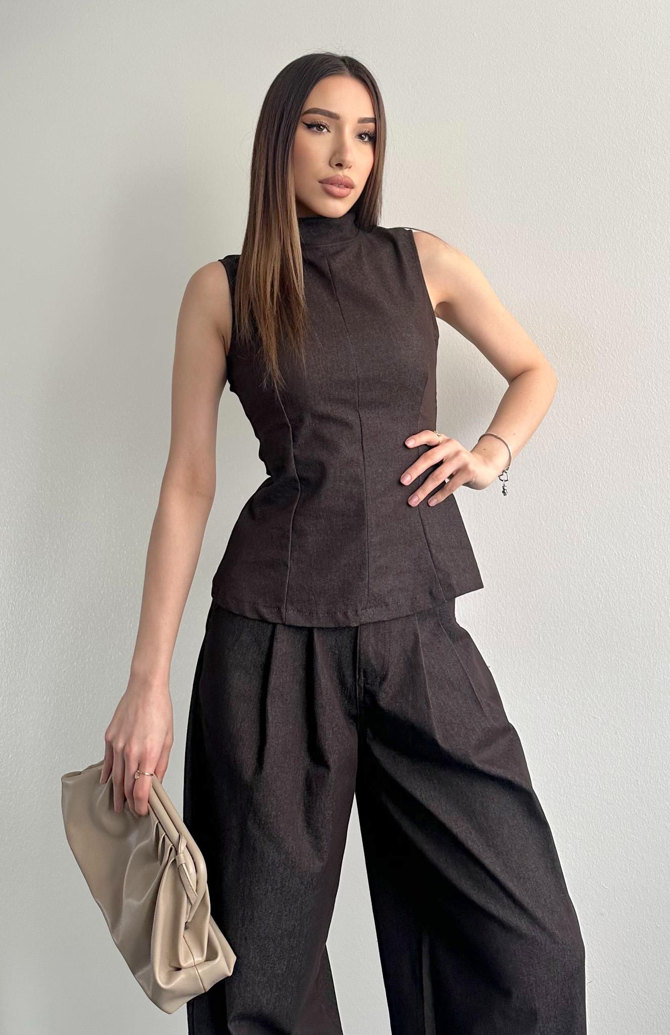 Yandan Fermuarlı Bluz KAHVERENGİ