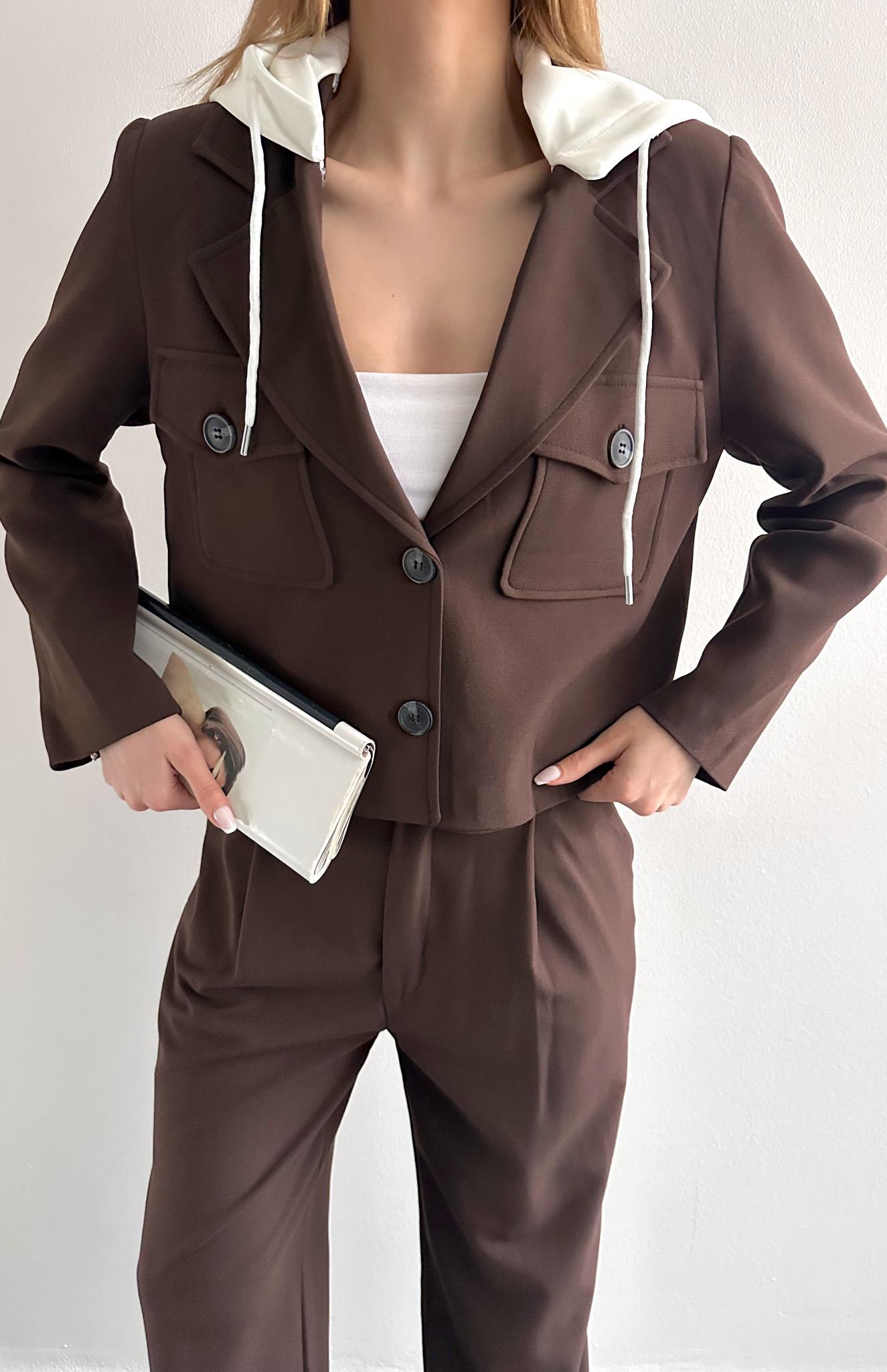 Çıkma Kapişonlu Spor Ceket KAHVERENGİ