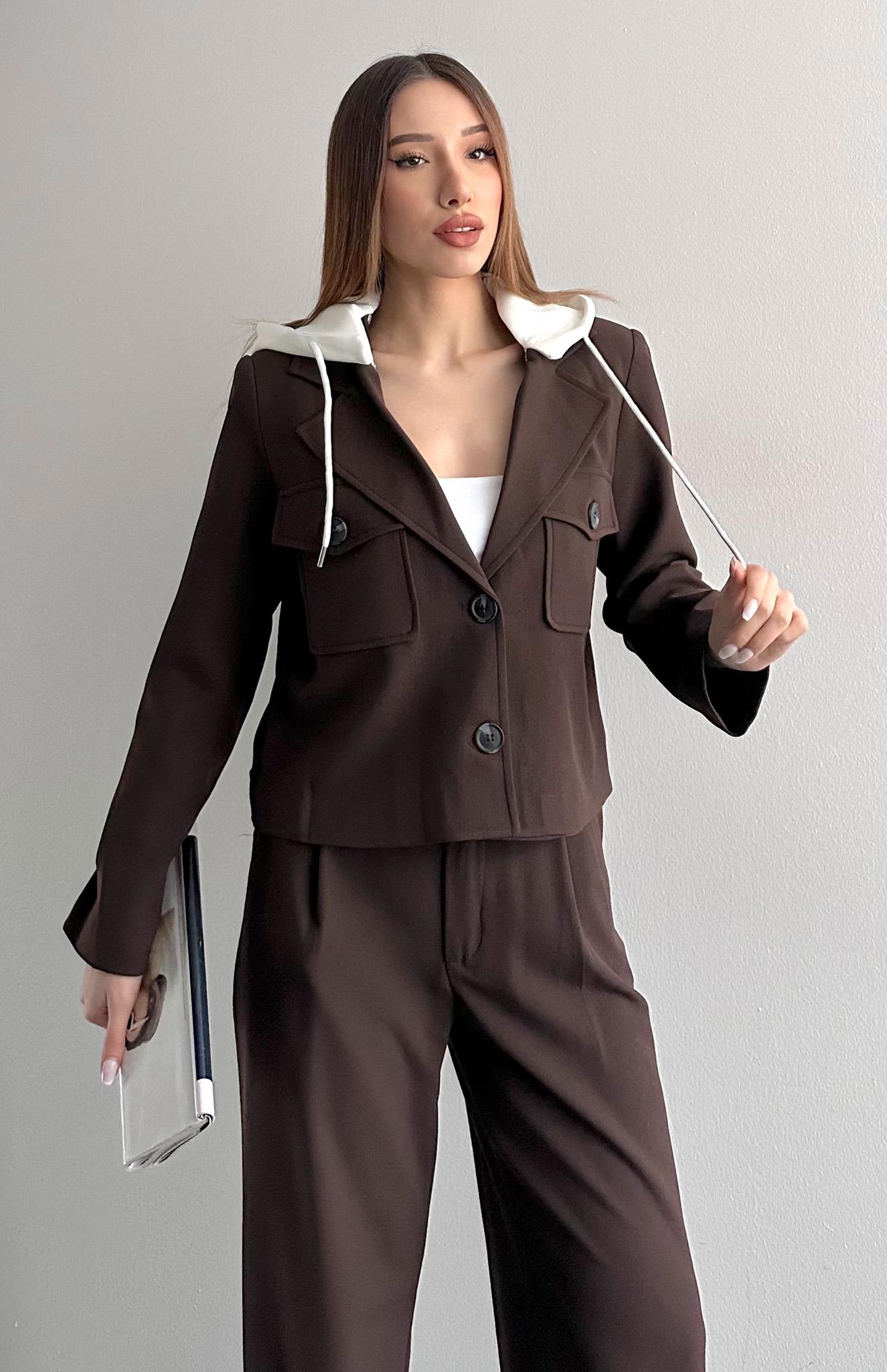 Çıkma Kapişonlu Spor Ceket KAHVERENGİ