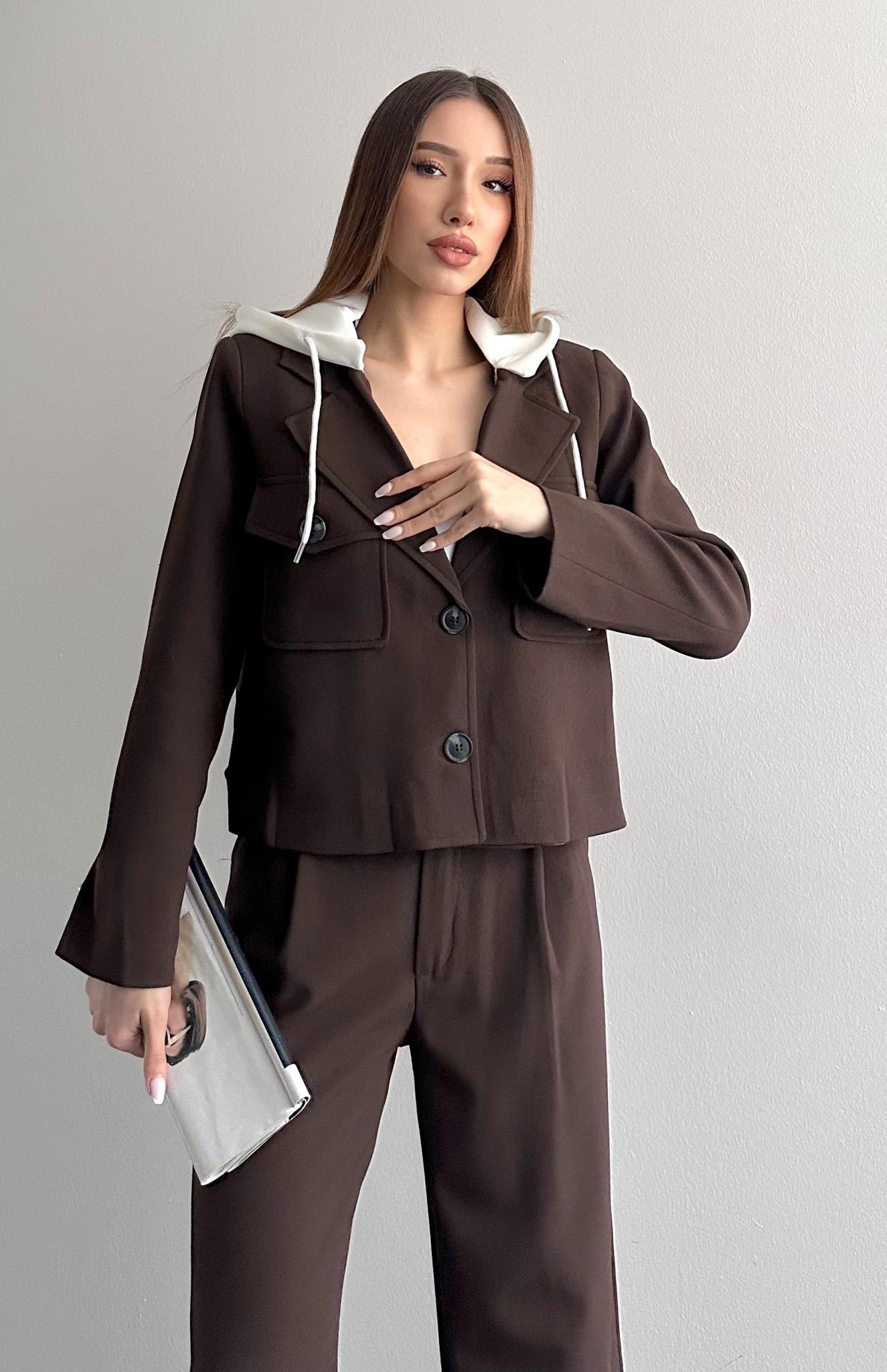 Çıkma Kapişonlu Spor Ceket KAHVERENGİ