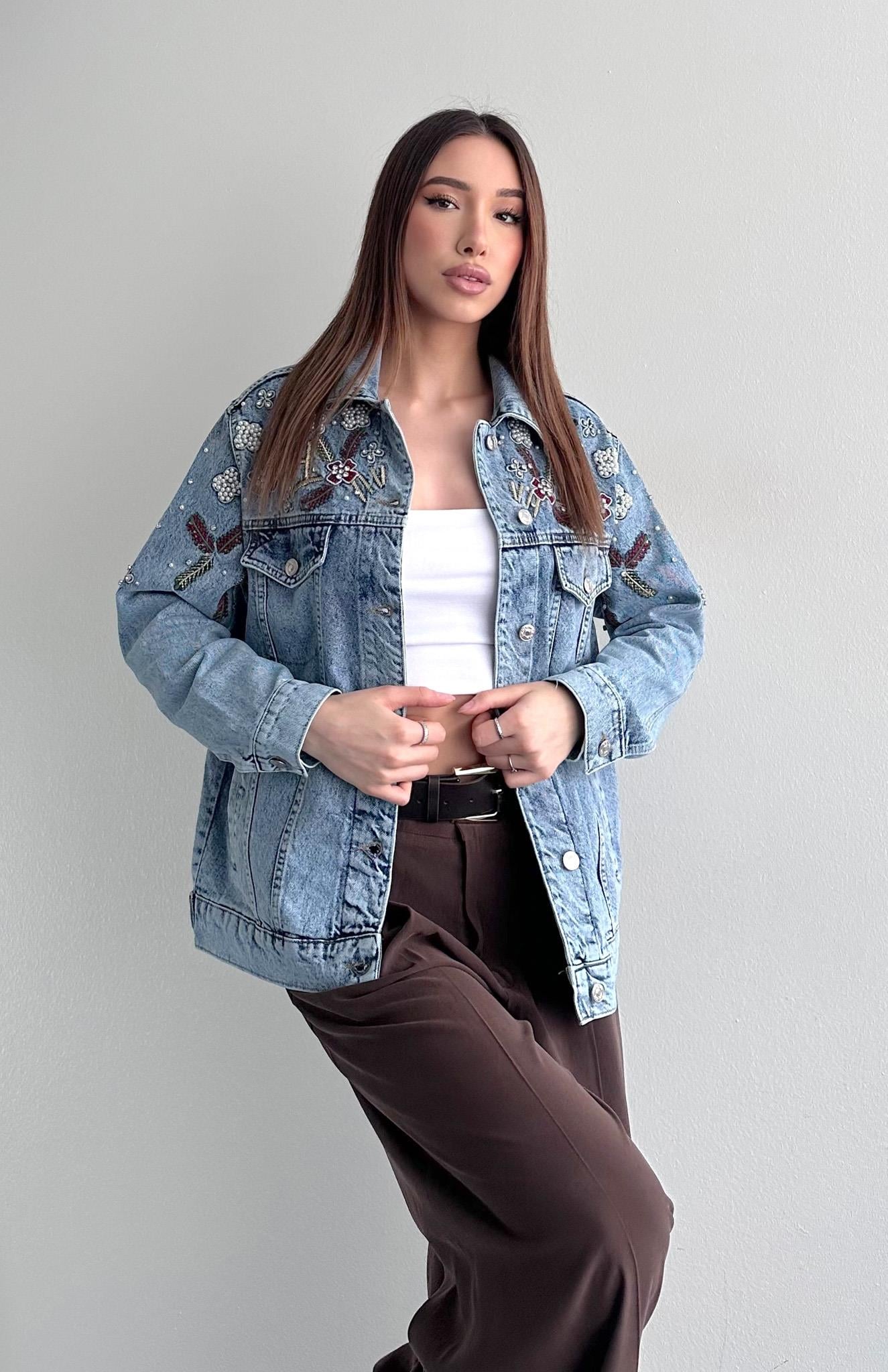 Naliş Detaylı Kot Ceket MAVİ