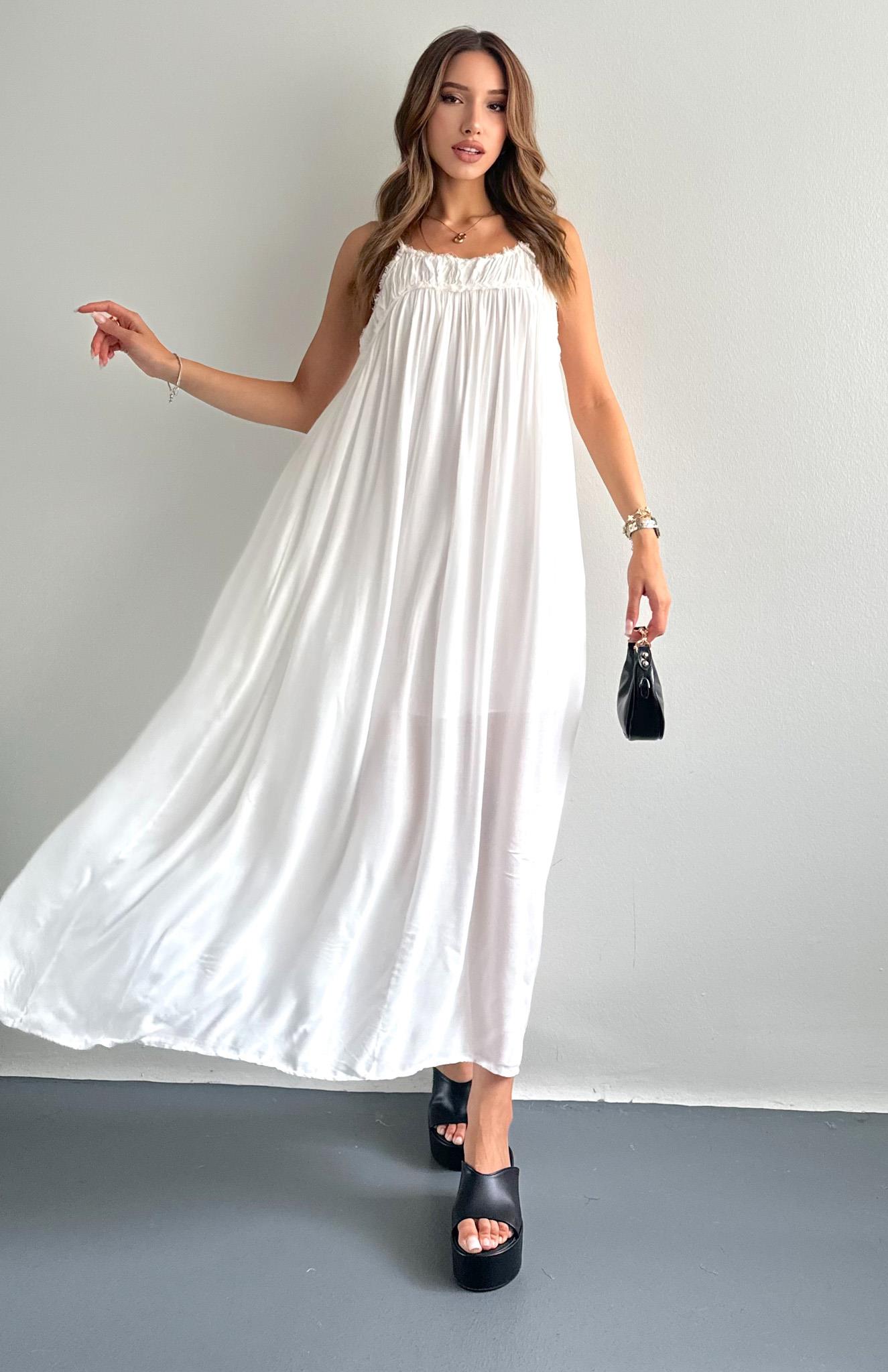 Büzgülü Askılı Cepli Uzun Elbise EKRU