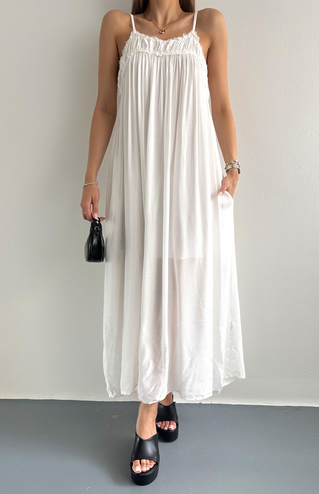 Büzgülü Askılı Cepli Uzun Elbise EKRU