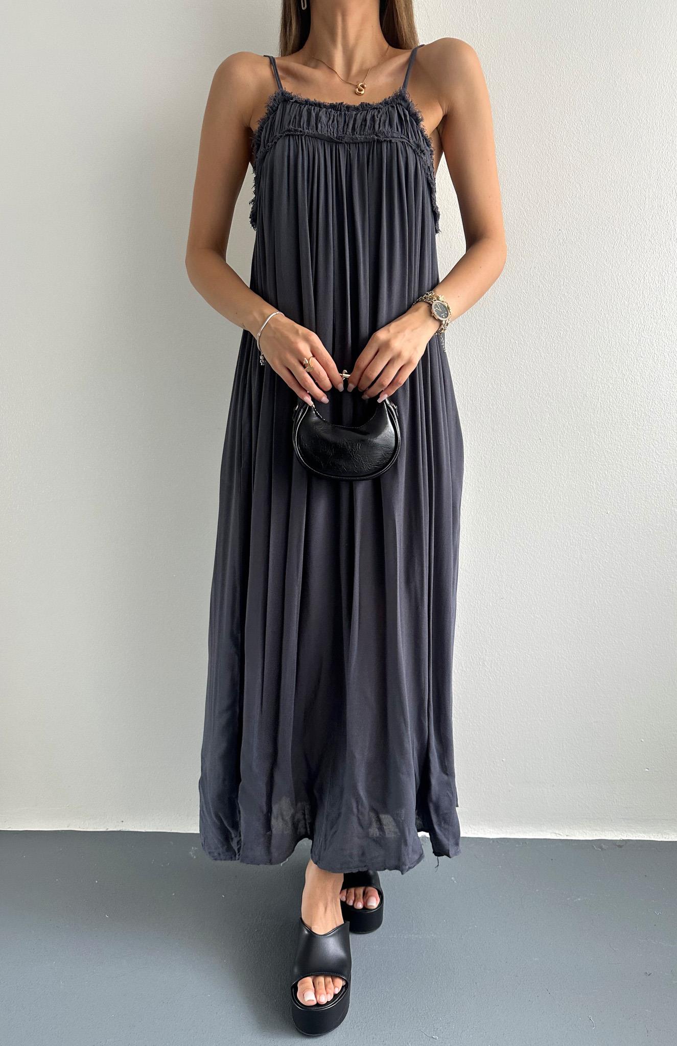 Büzgülü Askılı Cepli Uzun Elbise ANTRASİT