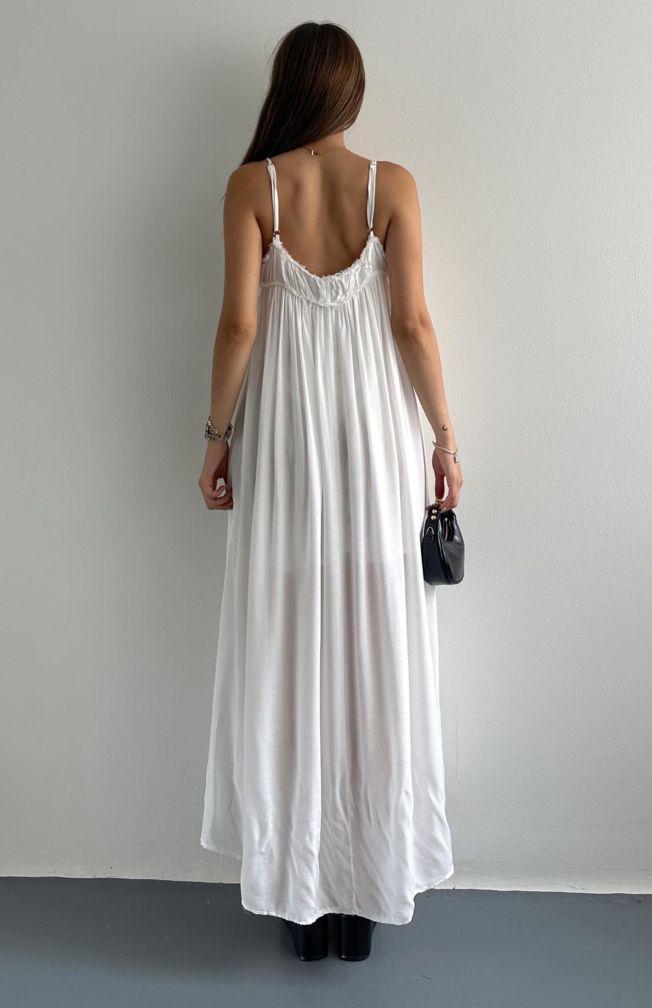 Büzgülü Askılı Cepli Uzun Elbise EKRU