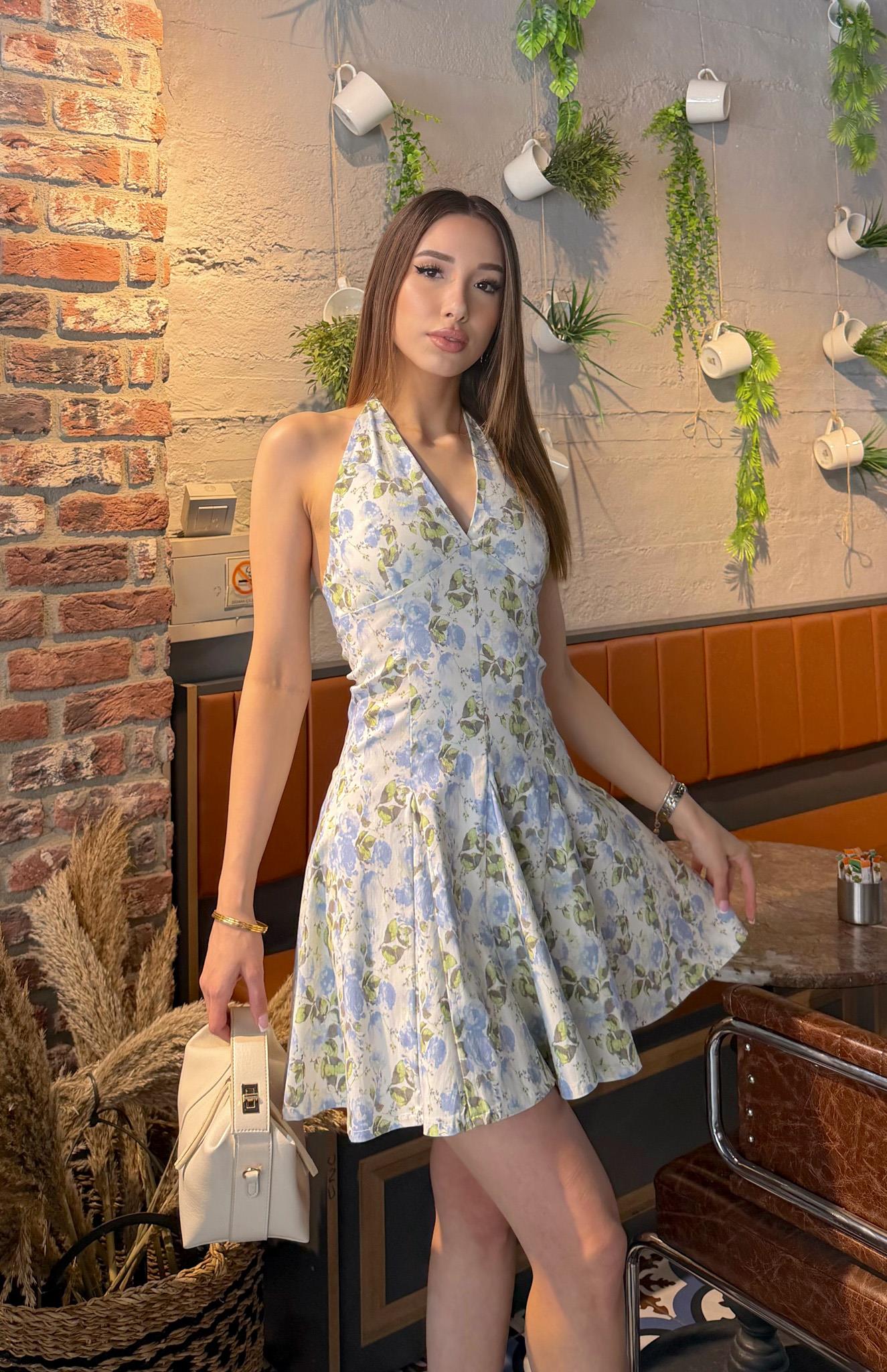 Halter Yaka Mini Elbise MAVİ