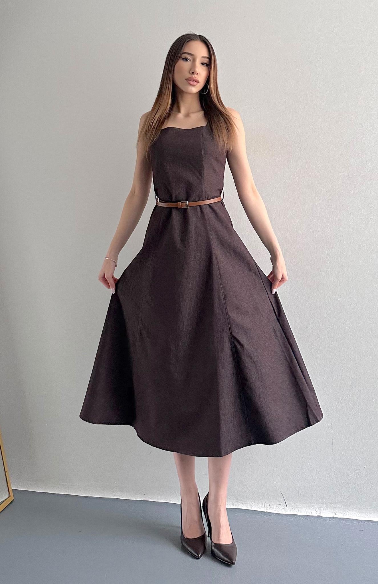 Kemerli Kolsuz Midi  Boy Elbise KAHVERENGİ