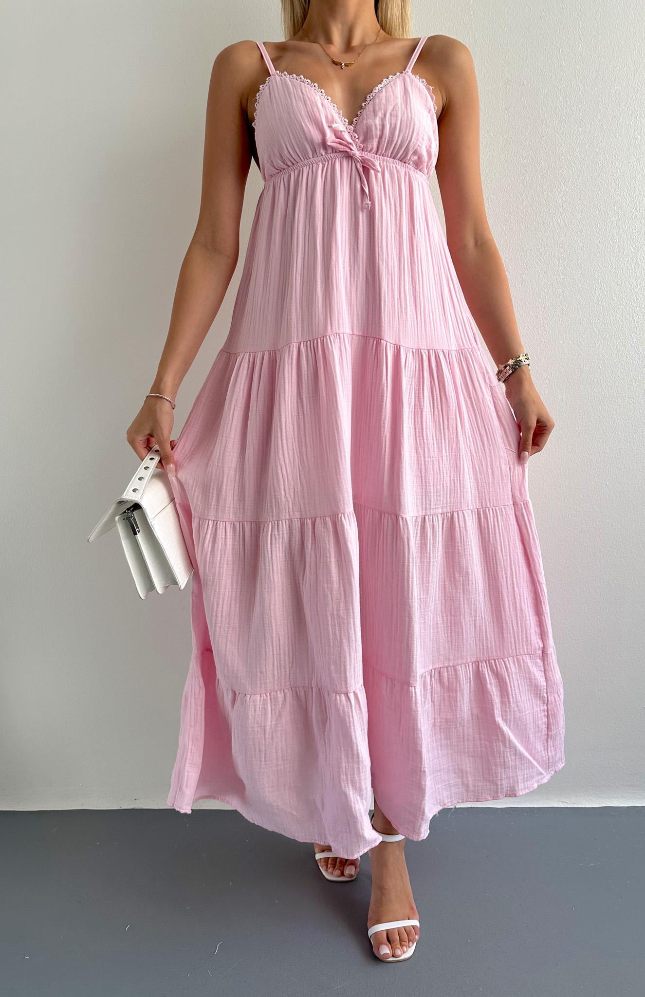 Robalı Askılı Uzun Elbise PEMBE