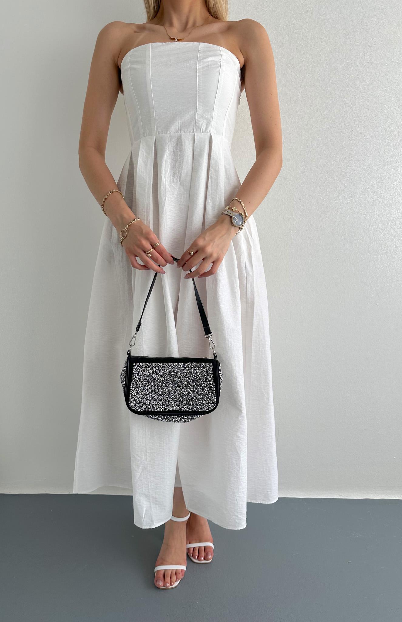 Straplez Midi Boy Elbise EKRU