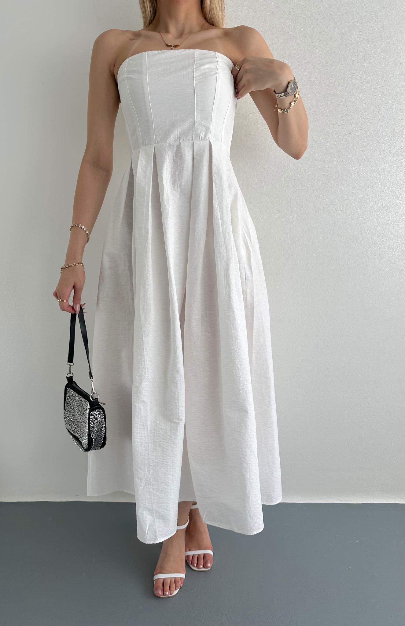 Straplez Midi Boy Elbise EKRU