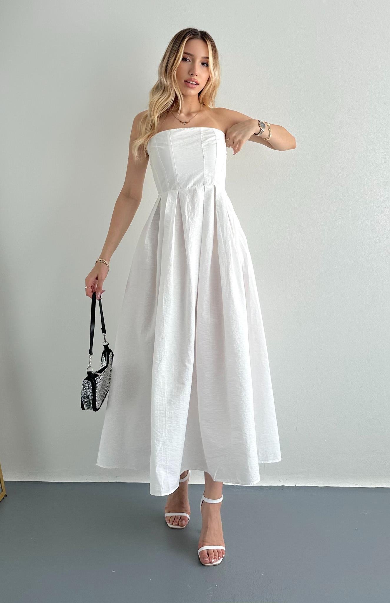 Straplez Midi Boy Elbise EKRU