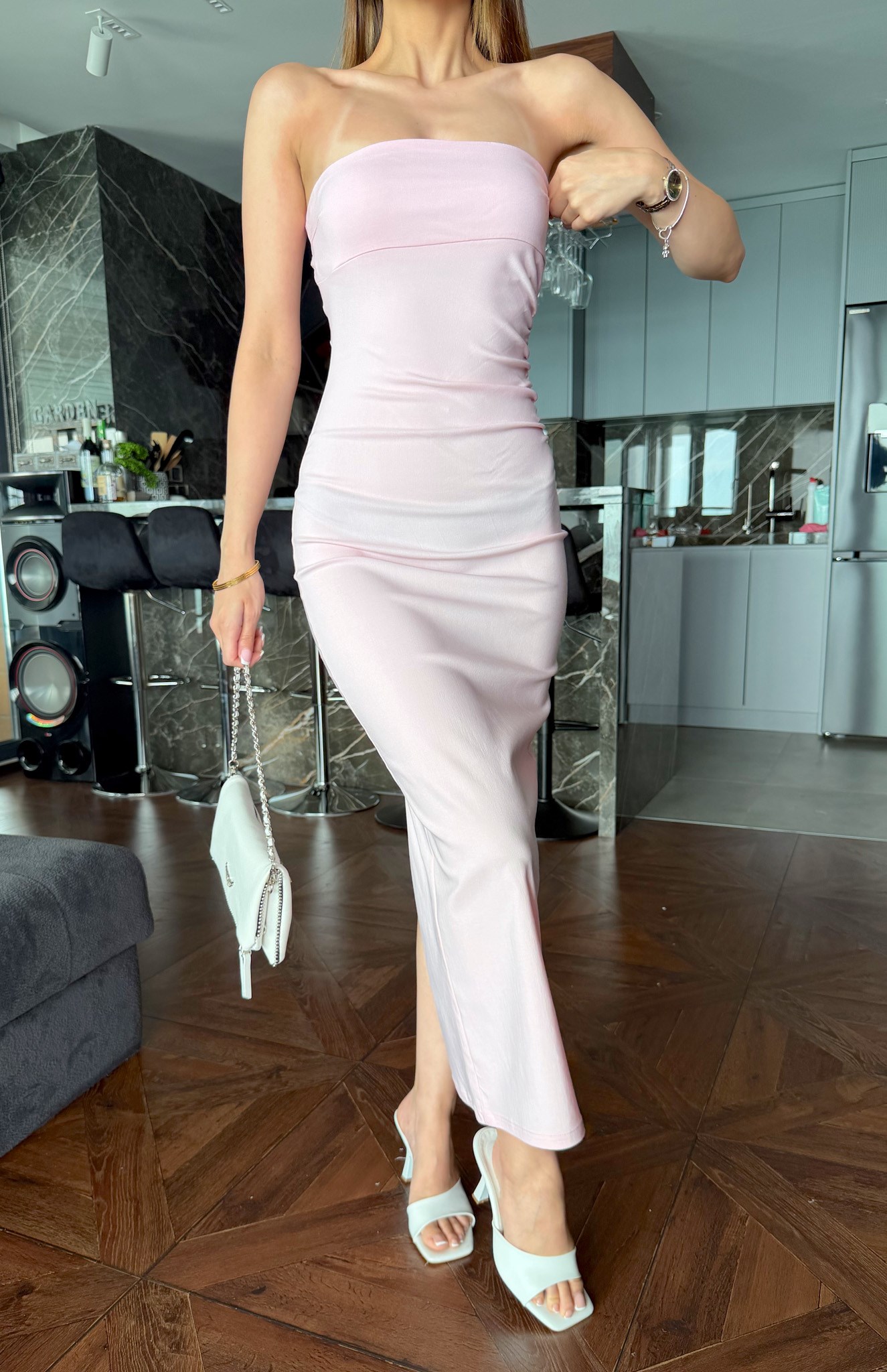 Straplez Midi Boy Elbise PEMBE