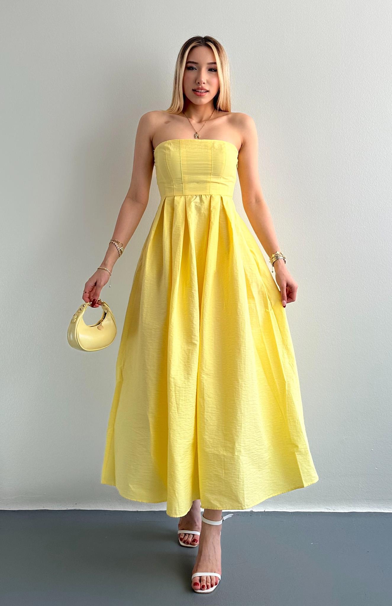 Straplez Midi Boy Elbise SARI
