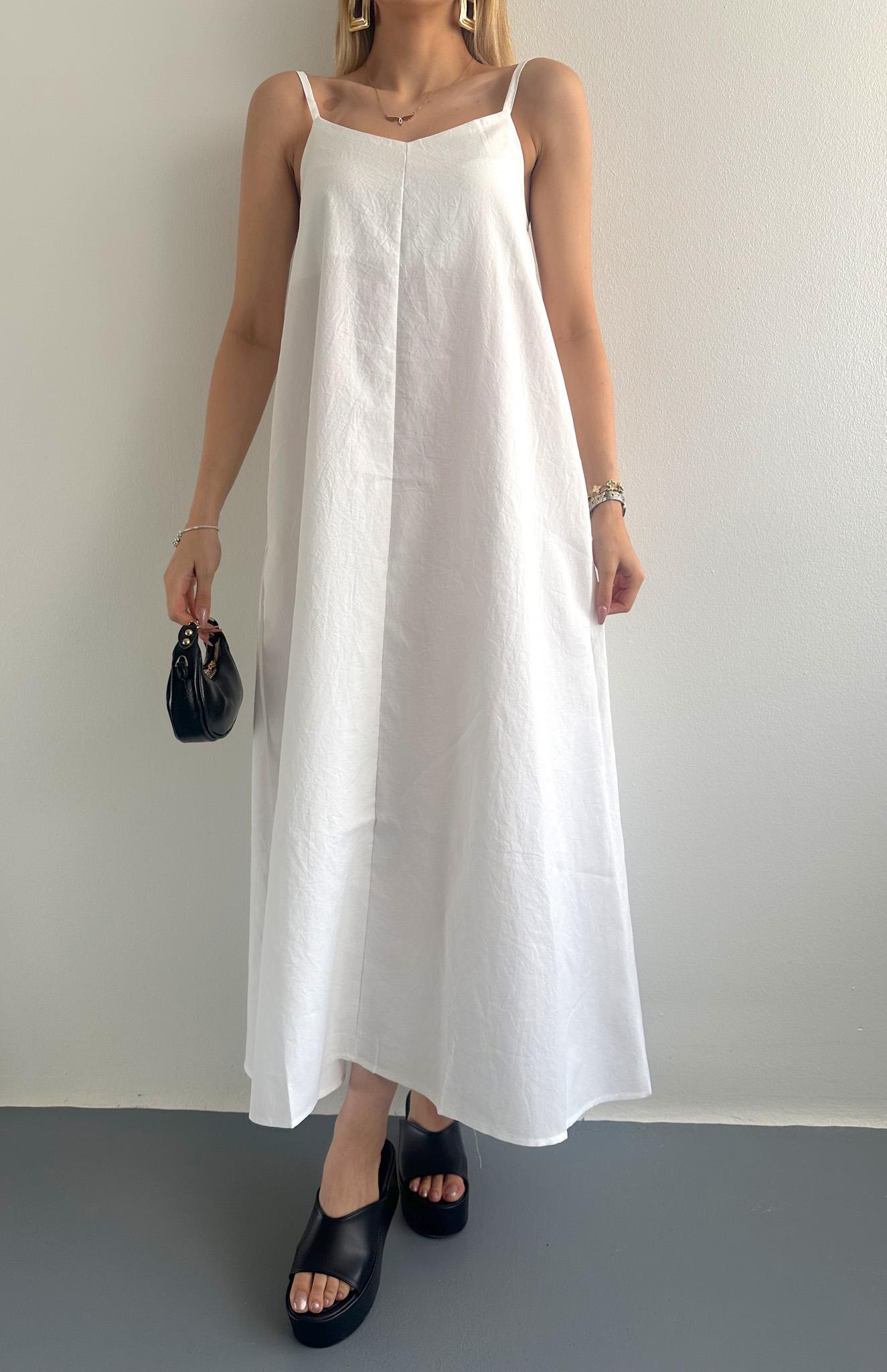 V Yaka Askılı Modal Elbise BEYAZ