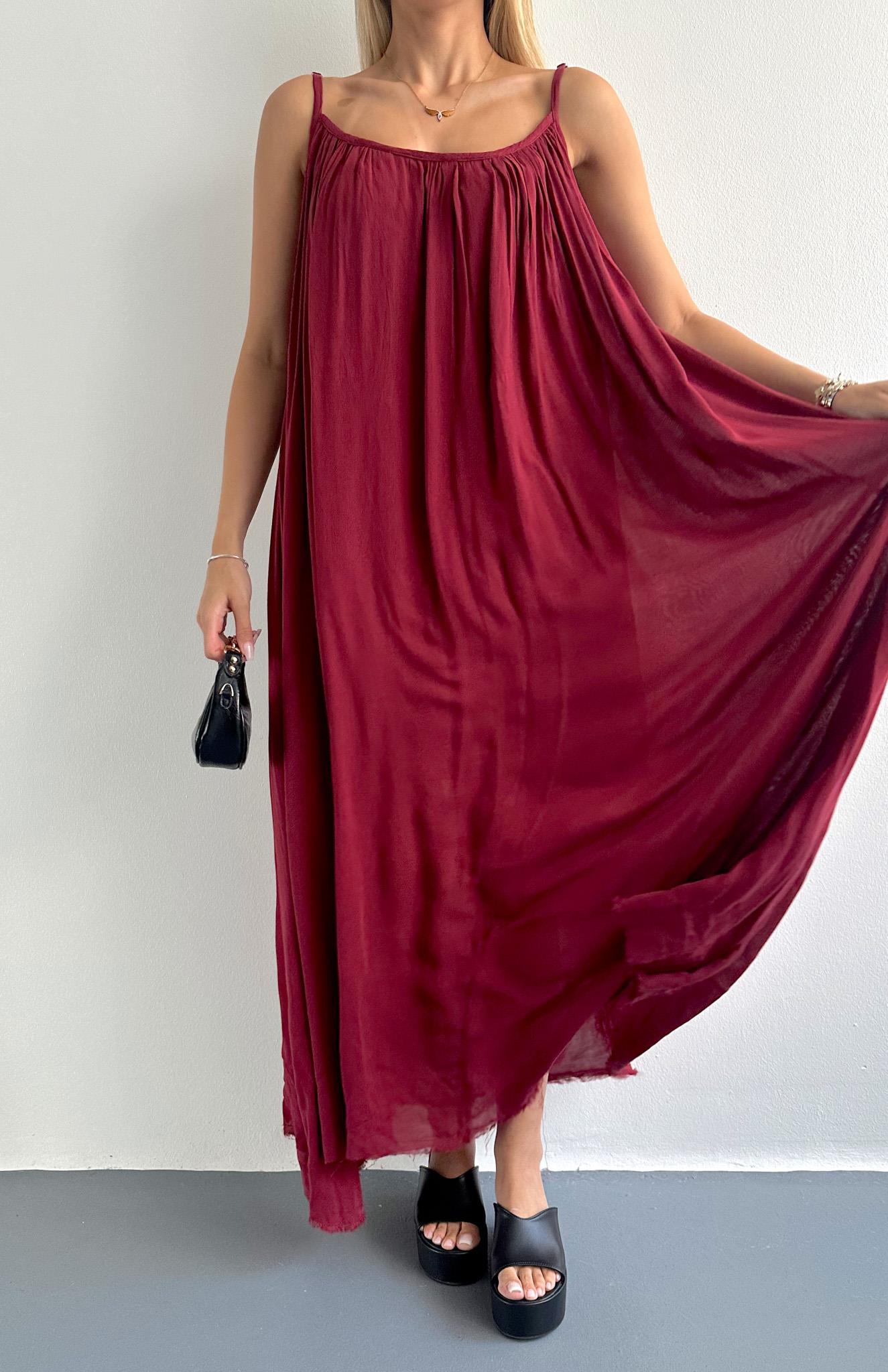 V Yaka Büzgülü Askılı Elbise BORDO