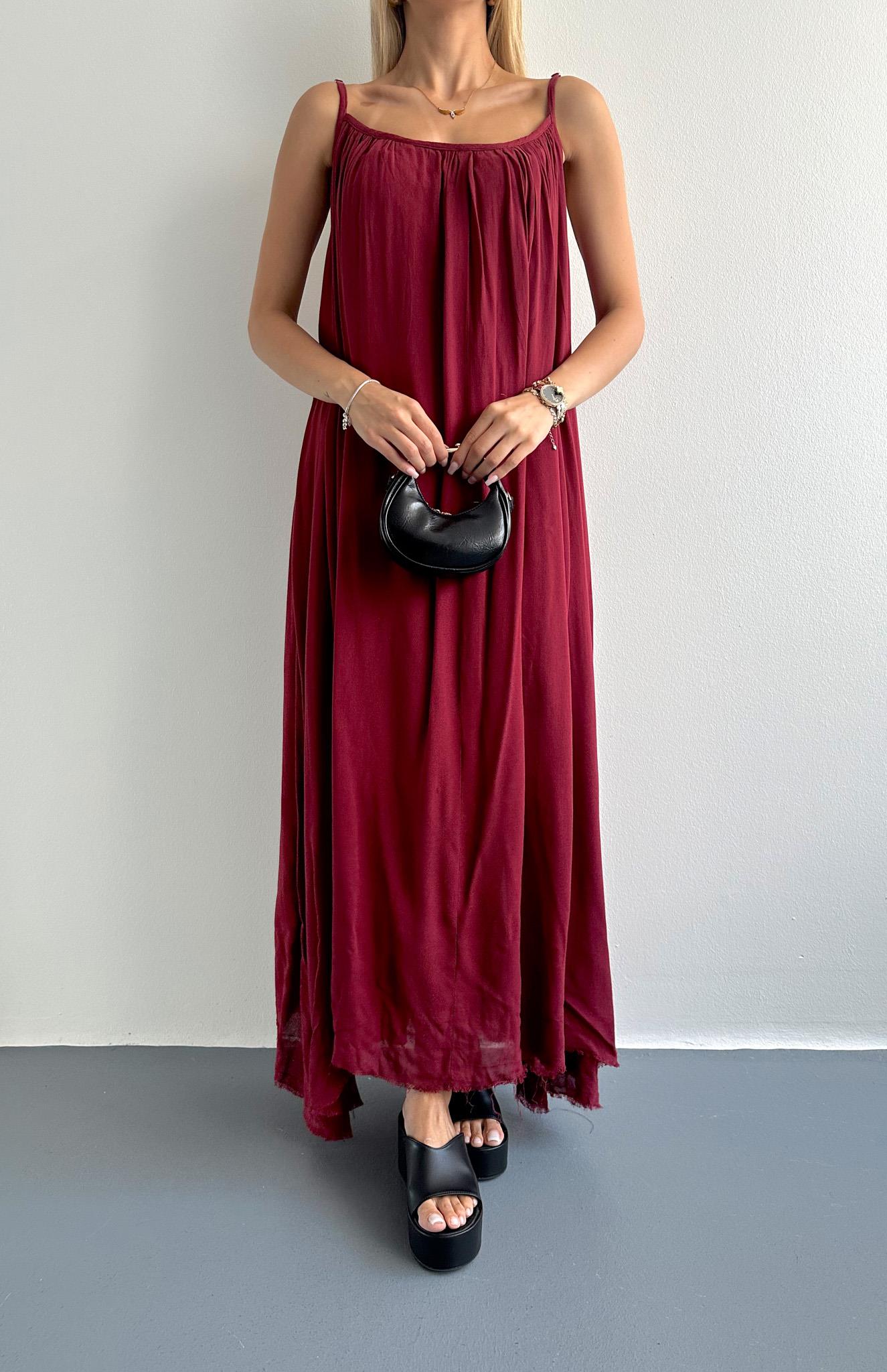 V Yaka Büzgülü Askılı Elbise BORDO