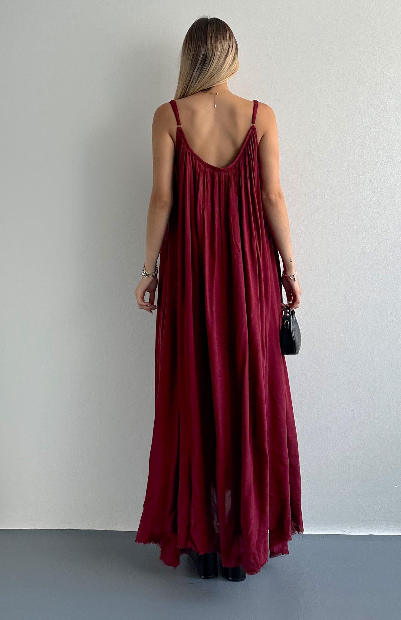 V Yaka Büzgülü Askılı Elbise BORDO
