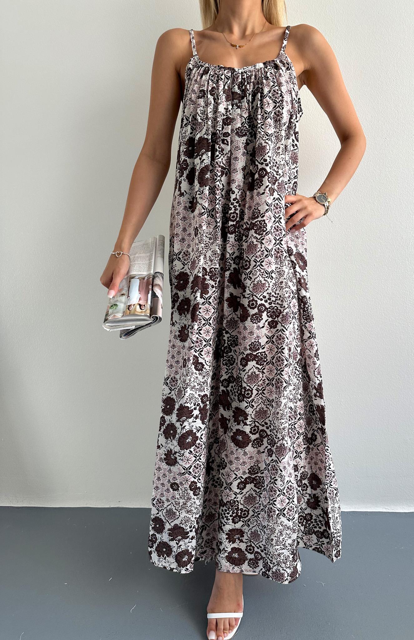 V Yaka Büzgülü Desenli Elbise EKRU