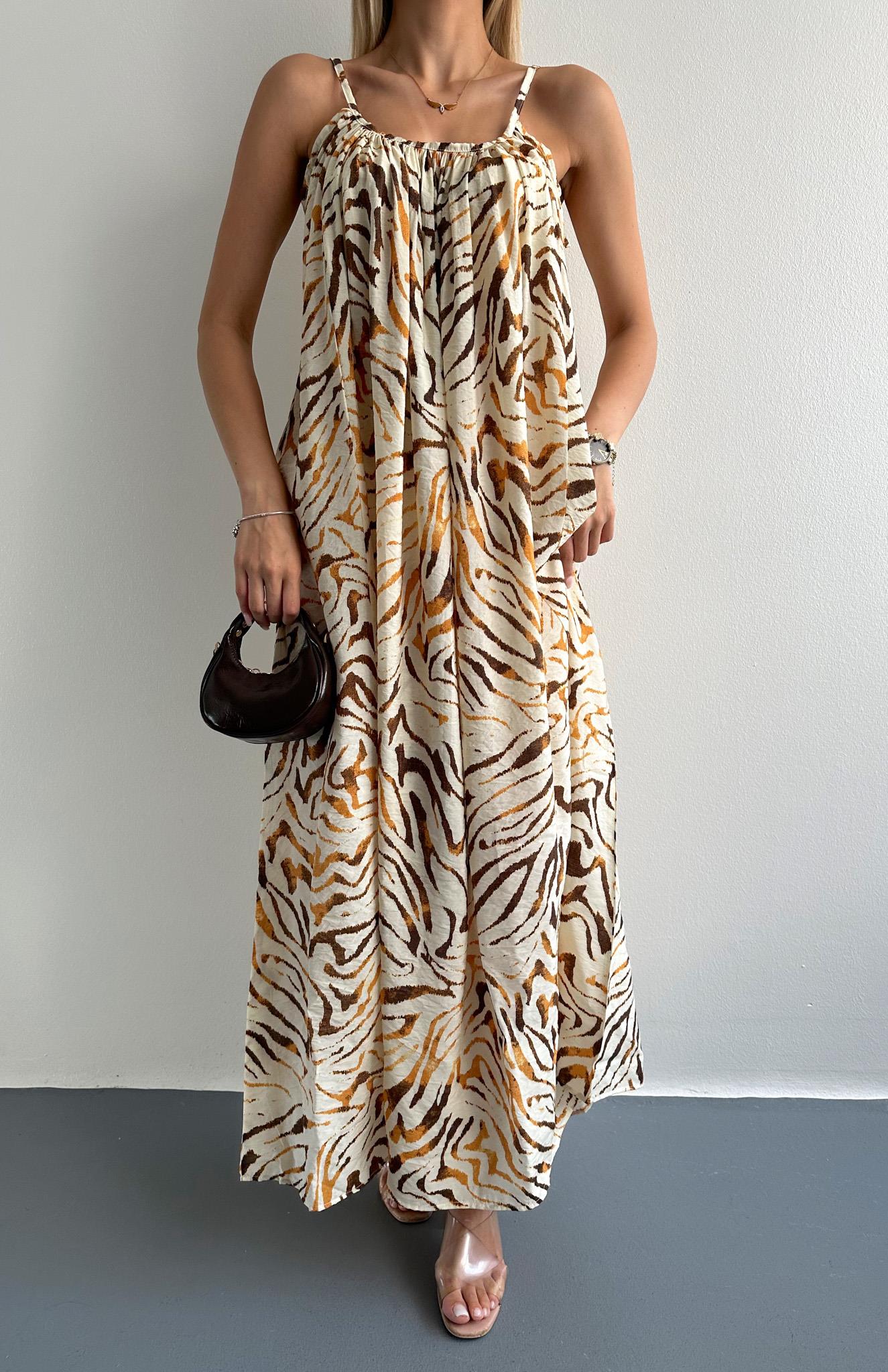 V Yaka Büzgülü Desenli Elbise HARDAL