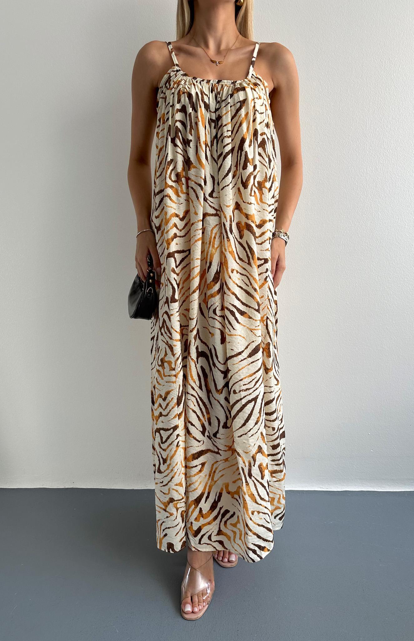 V Yaka Büzgülü Desenli Elbise HARDAL