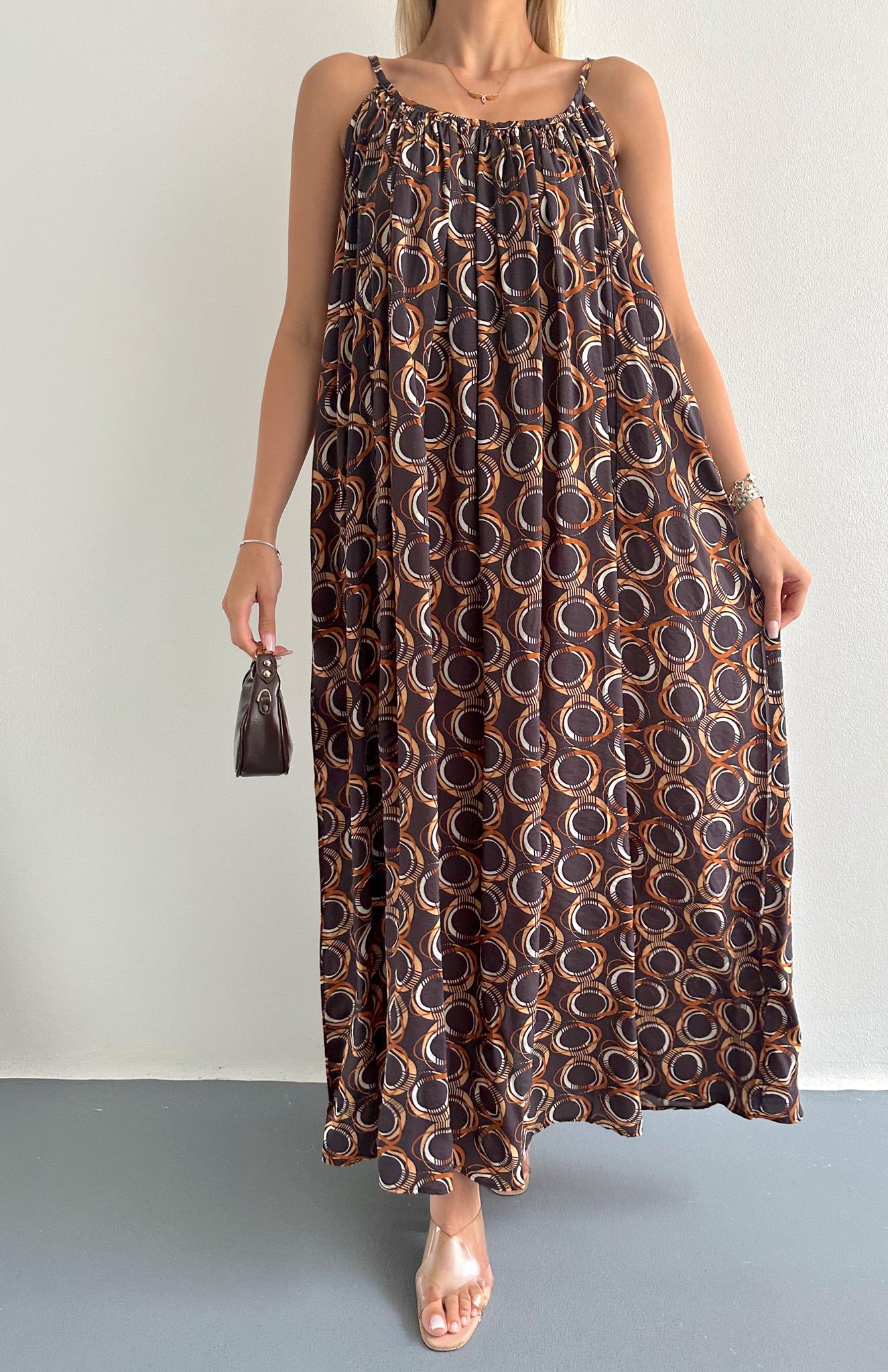 V Yaka Büzgülü Desenli Elbise KAHVERENGİ