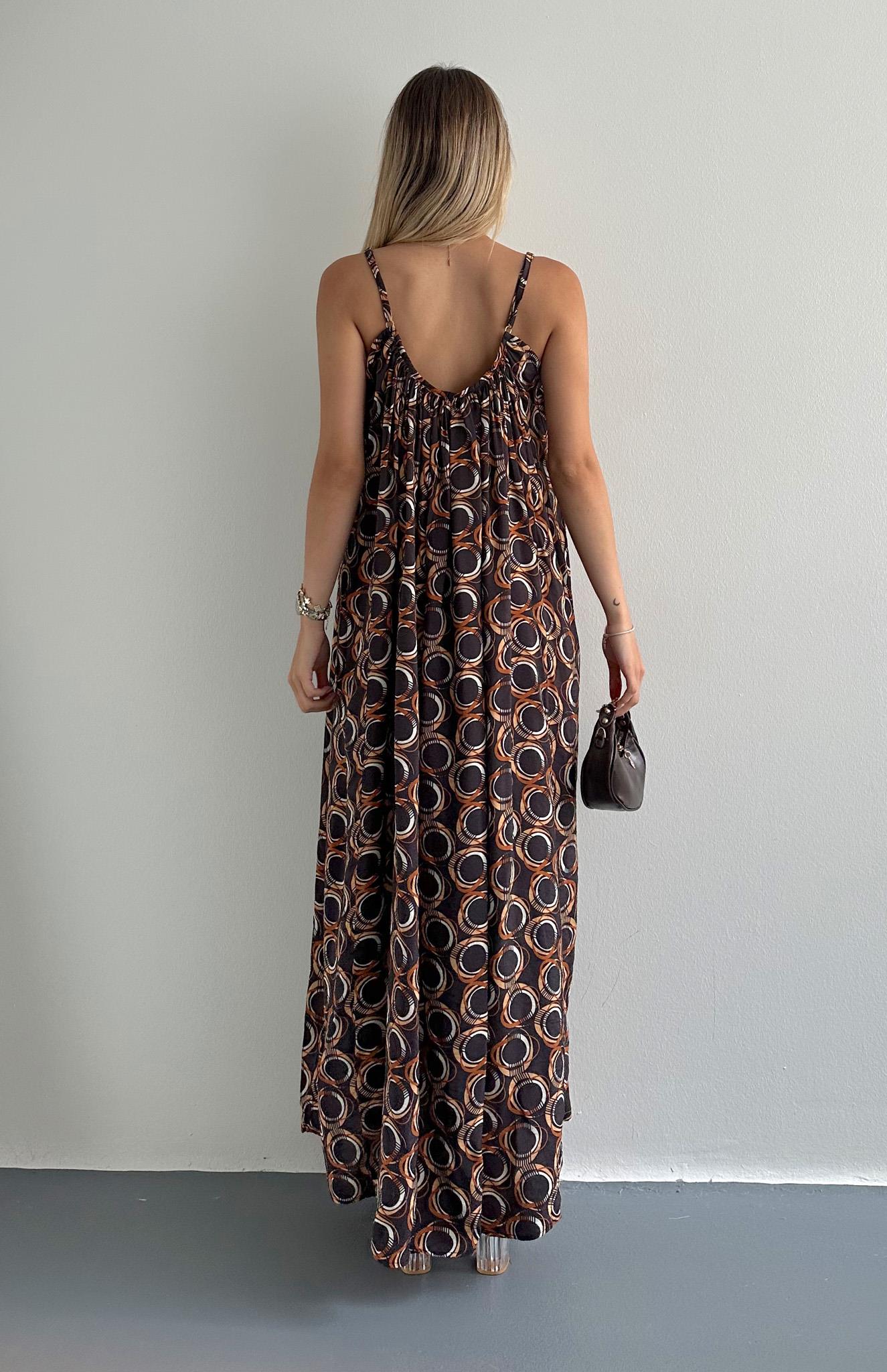 V Yaka Büzgülü Desenli Elbise KAHVERENGİ