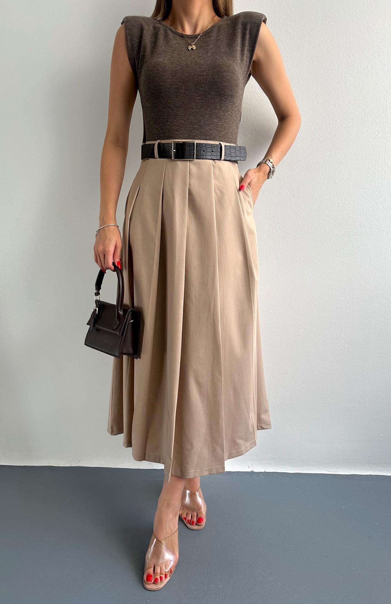 Vatkalı Konstrat Elbise KAHVERENGİ