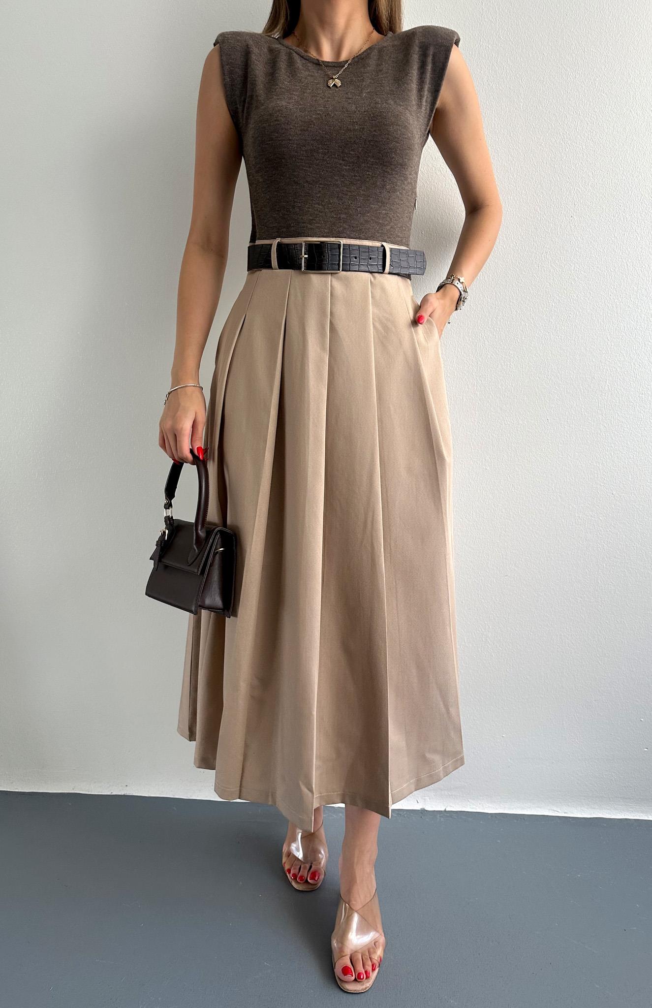 Vatkalı Konstrat Elbise KAHVERENGİ