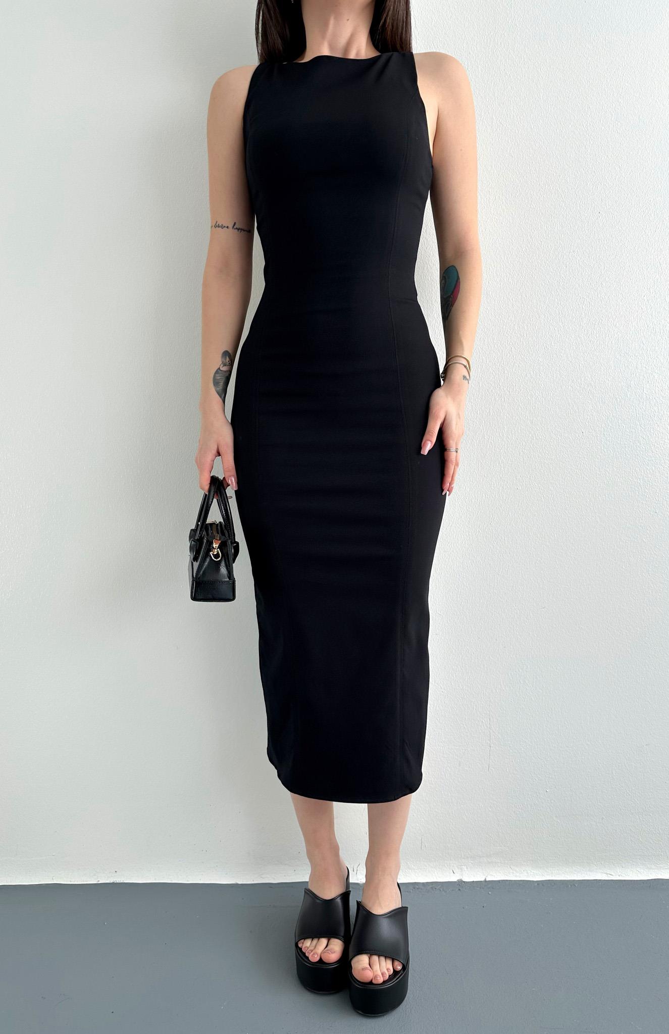 Vücuda Oturan Midi Elbise SİYAH