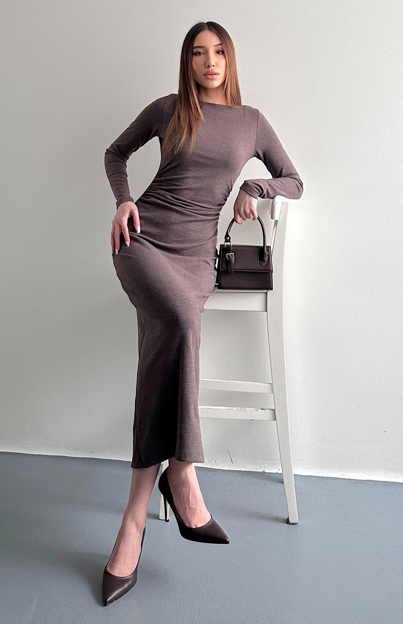 Yanı Büzgülü Elbise KAHVERENGİ