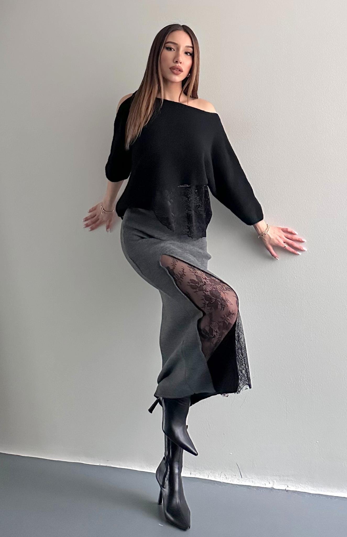 Dantel Detaylı Triko Etek ANTRASİT