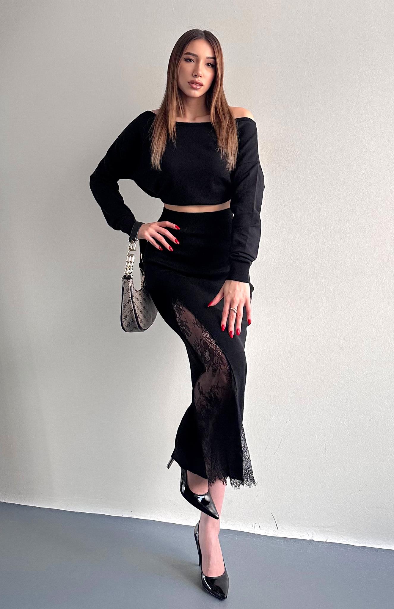 Dantel Detaylı Triko Etek SİYAH