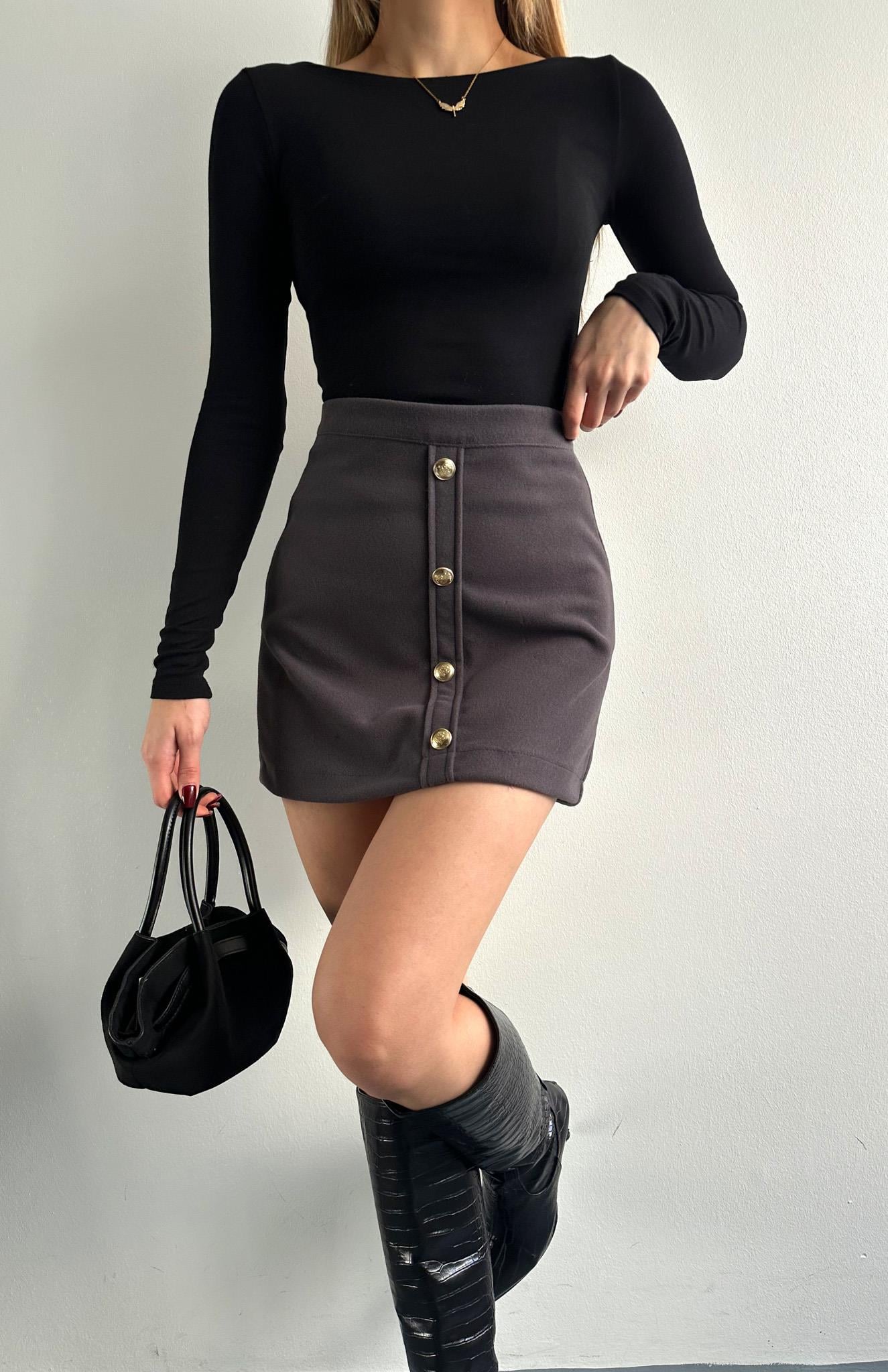Düğmeli Kaşe Etek ANTRASİT