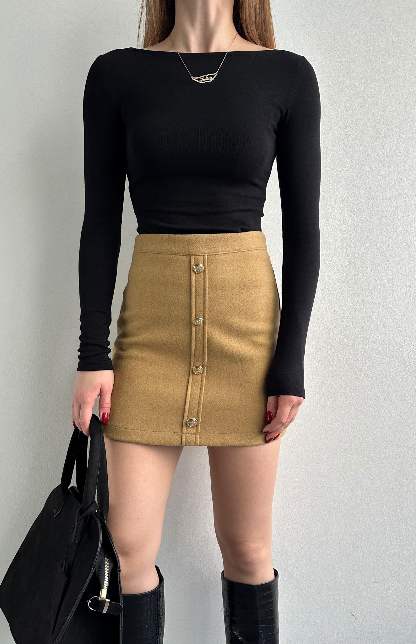 Düğmeli Kaşe Etek CAMEL