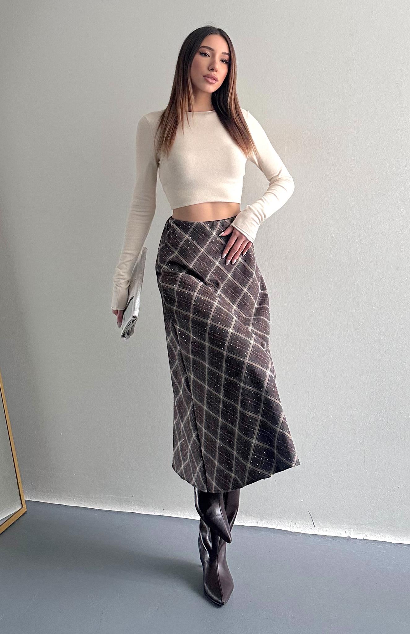 Ekose Taşlı Etek KAHVERENGİ