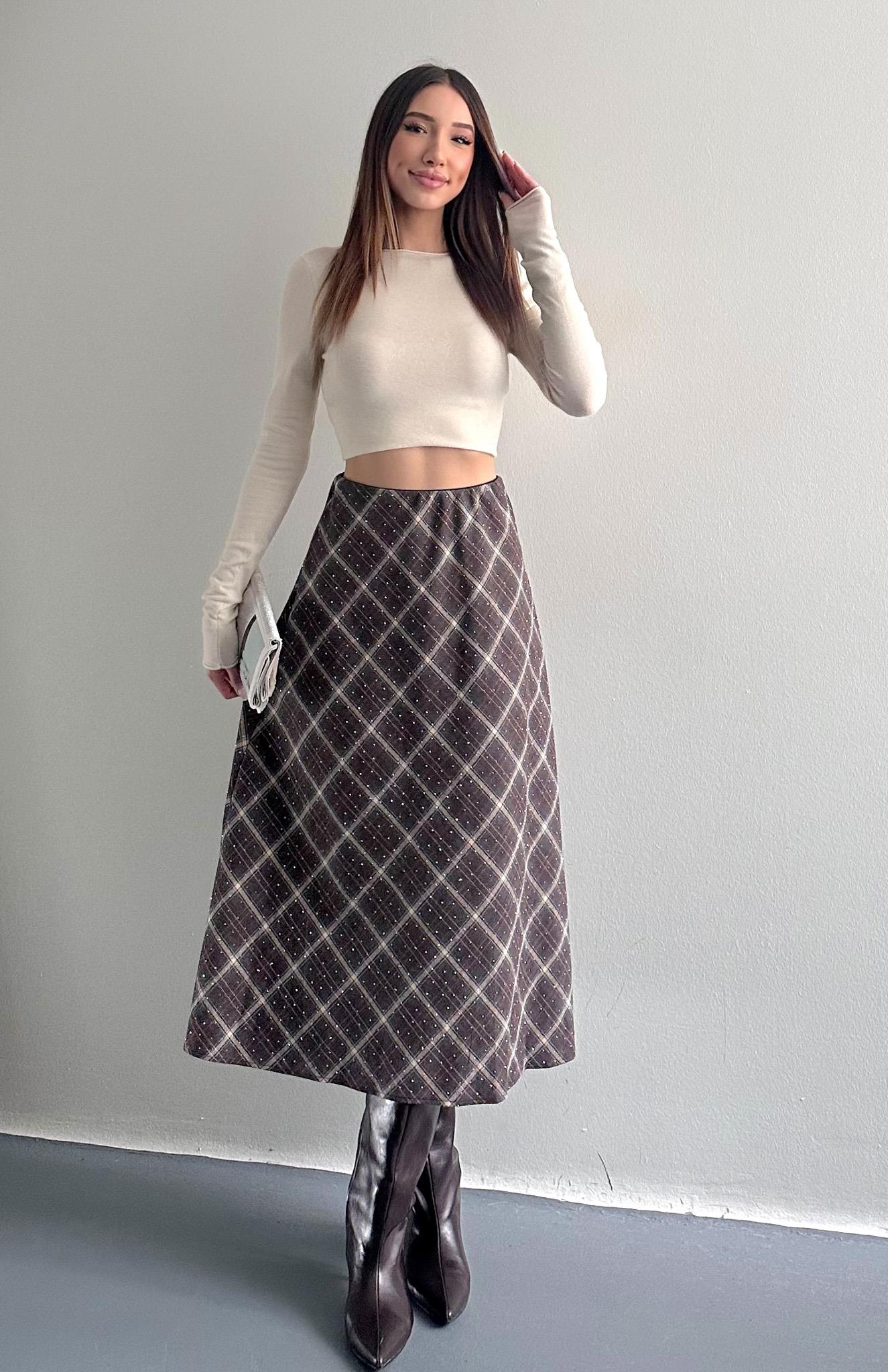 Ekose Taşlı Etek KAHVERENGİ